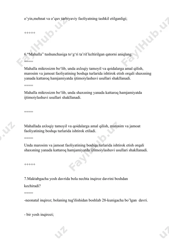 ==== deviant xulq-atvor — bolaning mikrososium bilan o’zaro munosabatlarida aks etadi +++++ 10.ijtimoiy tarbiyaning variativligi shaxs extiyojining qay holati orqali aniqlanadi? ==== hilma xilligi ==== salboyligi ==== omilari ==== abc +++++ 11.profilaktika- tushunchasiga to‘g‘ri ta’rif berilgan qatorni aniqlang. ==== profilaktika — bolalar xulq-atvorida ijtimoiy me'yorlardan og'ishning turli shakllarini keltirib chiqaruvchi asosiy sabab va sharoitlarni bartaraf etishga qaratilgan ijtimoiy, tibbiy, tashkiliy, tarbiyaviy va davlat tadbirlarining majmuasidir. ==== profilaktika — bolalar xulq-atvorida ijtimoiy me'yorlardan og'ishning turli shakllarini keltirib chiqaruvchi ijtimoiy, tibbiy, tashkiliy, tarbiyaviy va davlat tadbirlarining majmuasidir. ==== profilaktika — bolalar xulq-atvorida ijtimoiy me'yorlardan og'ishning turli shakllarini keltirib chiqaruvchi asosiy sabab va sharoitlarni bartaraf etishga qaratilgan ijtimoiy tadbirlarining majmuasidir. ==== profilaktika — bolalar ijtimoiy me'yorlardan og'ishning sabab va sharoitlarni bartaraf etishga qaratilgan tibbiy, tashkiliy va davlat tadbirlarining majmuasidir. +++++ 12.reabilitatsiya-tushunchasiga to’gri ta’rif berilgan qatorni aniqlang. ==== reabilitatsiya (lot. rehabilitatio — tiklash) — organizmning buzilgan funksiyasini va bemorlar hamda nogironlarning mehnat qobiliyatini tiklashga …
