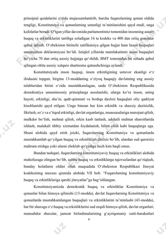 tibbiy xizmatdan foydalanish, bilim olish kabi huquqlarga ega. shuni alohida qayd etish joizki, fuqarolarning konstitutsiya va qonunlarda mustahkamlab qo‘yilgan huquq va erkinliklari daxlsiz bo‘lib, ulardan sud qarorisiz mahrum etishga yoki ularni cheklab qo‘yishga hech kim haqli emas. bundan tashqari, fuqarolarning konstitutsiyaviy huquq va erkinliklari alohida muhofazaga olingan bo‘lib, ushbu huquq va erkinliklarga tajovuzlardan qo‘riqlash, bunday holatlarni oldini olish maqsadida o‘zbekiston respublikasi jinoyat kodeksining maxsus qismida alohida vii bob. “fuqarolarning konstitutsiyaviy huquq va erkinliklariga qarshi jinoyatlar”ga bag‘ishlangan. konstitutsiyamizda demokratik huquq va erkinliklar konstitutsiya va qonunlar bilan himoya qilinishi (13-modda), davlat fuqarolarning konstitutsiya va qonunlarda mustahkamlangan huquqlari va erkinliklarini ta’minlashi (43-modda), har bir shaxsga o‘z huquq va erkinliklarini sud orqali himoya qilish, davlat organlari, mansabdor shaxslar, jamoat birlashmalarining g‘ayriqonuniy xatti-harakatlari ustidan sudga shikoyat qilish huquqi kafolatlanishi (44-modda) mustahkamlab qo‘yildi. mazkur normalarni tashkiliy-huquqiy mexanizmlarini yaratish maqsadida o‘zbekiston respublikasi fuqarolik, jinoyat protsessual kodekslari, “sudlar to‘g‘risida”, “fuqarolarning murojaatlari to‘g‘risida”, “fuqarolarning huquqlari va erkinliklarini buzadigan xatti-harakatlar …