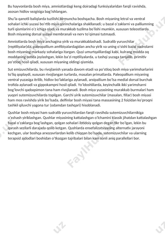 i davolash uchun ikkala, chap va oʻng gippokamp xirurgik olib tashlangan hm nomi bilan mashhur bemordan soʻng tavsiflangan. amaliyotdan soʻng, hmda anterograd amneziya, yoki yangi xotiralar shakllantira olmaslik kuzatilgan. soʻzsiz yoki jarayonli xotira, masalan murakkab harakatlar, bazal oʻzaklarni oʻz ichiga oladi. qisqa muddatli yoki ishchi xotira poʻstloqning assotsiativ sohalarini, xususan dorsolateral prefrontal poʻstloq, shu qatorda gippokampni oʻz ichiga oladi. boshqa hayvonlarda eng sodda umurtqalilar, miksina va minogalarda, bosh miya hidlov piyozchasidan nerv impulslarini qabul qiluvchi nisbatan oddiy tuzilma. togʻayli baliqlar va panja qanotli baliqlar, shuningdek amfibiyalarda, anchagina murakkab tuzilma mavjud: bosh miya uchta alohida sohalarga boʻlingan. eng pastki (yoki ventral) soha bazal oʻzaklarni hosil qiladi va bosh miyaning qolgan qismlarini talamus bilan bogʻlovchi tolalar tutadi. undan yuqorida va bosh miyaning lateral qismi paleopallium va eng yuqori (yoki dorsal) qismi arxipallium deb ataladi. bu hayvonlarda bosh miya, amniotlardagi keng doiradagi funksiyalaridan farqli ravishda, asosan hidlov sezgisiga bagʻishlangan. shu’la qanotli baliqlarda tuzilishi …