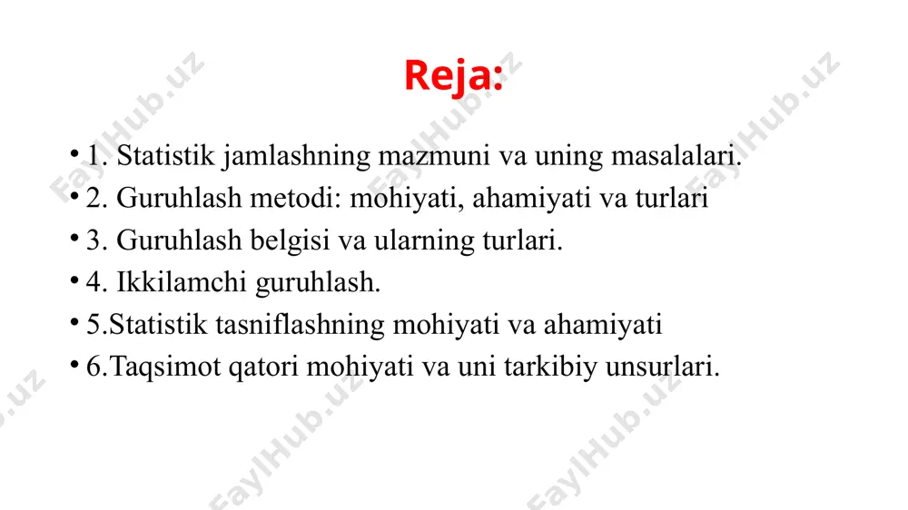 svodkalash bo‘ladi. murakkab svodkalash deyilganda ma’lumotlarni dasturda ko‘zda tutilgan belgilar asosida ayrim guruhlarga bo‘lib o‘rganish tushuniladi. jami talabalarni kurslarga va mutaxassisliklarga bo‘lib o‘rganish bunga misol bo‘la oladi. tashkil qilinishiga qarab: markazlashgan markazlashmagan markazlashgan svodkalashda boshlang‘ich ma’lumotlar bir yoki bir necha statistika boshqarmalarida to‘planadi va o‘sha yerda ko‘zlangan maqsad va vazifalar nuqtai nazaridan qayta ishlanadi. markazlashmagan svodkalashda boshlang‘ich ma’lumotlar dastlab mahalliy (tuman, viloyat) statistika tashkilotlarida qayta ishlanadi, so‘ngra davlat davlat statistika qumitasiga yuboriladi. bunday svodkalashda statistik kuzatish materiallarini tekshirish va tegishli tuzatishlarni kiritish engillashadi, hududiy ko‘rsatkichlarni hisoblash imkoniyati tug‘iladi. qayta ishlash texnikasiga qarab svodkalash qo‘lda mexanizatsiyalashgan mexanizatsiyalashgan usulda kam mehnat sarflanadi va svodkalash arzonga tushadi, uni bajarish muddati qisqaradi va olingan natijalarning aniqligi oshadi. hozirgi kunda ko‘pgina statistika tashkilotlari zamonaviy mikro ehmlar, va zamonaviy komp’yuterlar bilan ta’minlangan. keng ma’noda svodkalash deyilganda to‘plangan boshlang‘ich ma’lumotlarni ilmiy tekshirishda ko‘zlangan maqsad va vazifalar nuqtai nazaridan qayta ishlanishi tushuniladi. bu holda svodkalash quyidagi bosqichlarni o‘z …
