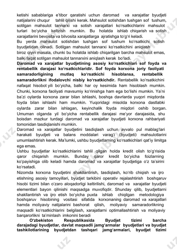 hisob siyosatiga ikkinchi darajali masala sifatida qarashlaridir. moliyaviy byudjetlarning uchta asosiy turi mavjud: - daromad va xarajatlar byudjeti, - pul mablag‘lari harakati byudjeti, - balans moddalari byudjeti. moliyaviy byudjetlar bilan birgalikda operatsion byudjetlarning 10 dan ortiq turi ham mavjud. operatsion byudjetlar byudjetlashtirish ob’ektlariga qarab turlicha bo‘ladi (sotish byudjeti, ishlab chiqarish byudjeti, sotish xarajatlari byudjeti va hokazo). yaxlit holda tahlil qilish orqali korxonaning moliyaviy-iqtisodiy holati haqida tasavvurga ega bo‘lish mumkin. shuningdek, yuqoridagi uchta holat bo‘yicha korxona rahbariyati axborotlarga ega bo‘lgan holda faoliyatni boshqarish va nazorat qilish imkoniyatiga ega bo‘ladi. daromad va xarajatlar modeli byudjetlashtirish moliyaviy modelining muhim elementi hisoblanadi. daromad va xarajatlar modeli yordamida korxona faoliyati samaradorligini aniqlash mumkin. shu boisdan daromad va xarajatlar summalarini ularning operatsion byudjetlar daromad va xarajatlari bilan bog‘liqlikda tekshirish kerak. bundan tashqari daromad va xarajatlar byudjetiga ma’lumotlar faqat funksional byudjetlar ma’lumotlaridan emas, balki investitsion loyihalar byudjetlaridan ham shakllanadi. masalan, korxona faoliyatini kengaytirish maqsadida loyihalash xarajatlarini daromad …
