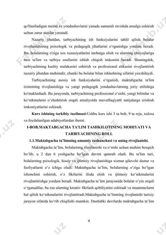 ha ta’lim, bolalarning o‘ziga bo‘lgan ishonchini oshirish, o‘z fikrlarini ifoda etish va ijtimoiy ko‘nikmalarini rivojlantirishga yordam beradi. maktabgacha ta’lim jarayonida bolalar o‘yin orqali o‘rganadilar, bu esa ularning kreativ fikrlash qobiliyatini oshiradi va muammolarni hal qilish ko‘nikmalarini rivojlantiradi.maktabgacha ta’limning rivojlanishi tarixiy jarayon sifatida ko‘rib chiqilishi mumkin. dastlabki davrlarda maktabgacha ta’lim an’anaviy oilaviy tarbiya asosida amalga oshirilgan. ota-onalar bolalarini tarbiyalashda o‘z tajribalaridan foydalanganlar. keyinchalik, pedagogik nazariyalar va amaliyotlar rivojlanishi bilan bir qatorda, maktabgacha ta’lim muassasalari, masalan, bolalar bog‘chalari va o‘yin markazlari paydo bo‘ldi. maktabgacha ta’limning asosiy vazifasi, bolalarning o‘ziga xos xususiyatlarini inobatga olib, ularning rivojlanishini ta'minlashdir. bu ta'lim jarayonida bolalar o‘zaro muloqot qilish, hissiy aloqalarni o‘rnatish va o‘z ko‘nikmalarini rivojlantirish imkoniyatiga ega bo‘ladilar. maktabgacha ta’limning rivojlanishi, zamonaviy pedagogik yondashuvlar va uslublarning qo‘llanilishi bilan bog‘liq. ta'lim jarayonida bolalarni o‘rganishga jalb qilish, ularning qiziqishlarini rag‘batlantirish va individual ehtiyojlarini inobatga olish muhim hisoblanadi. maktabgacha ta’lim dasturlari, bolalarning rivojlanishi uchun zarur bo‘lgan ko‘nikmalarni o‘rganishga qaratilgan. bular …