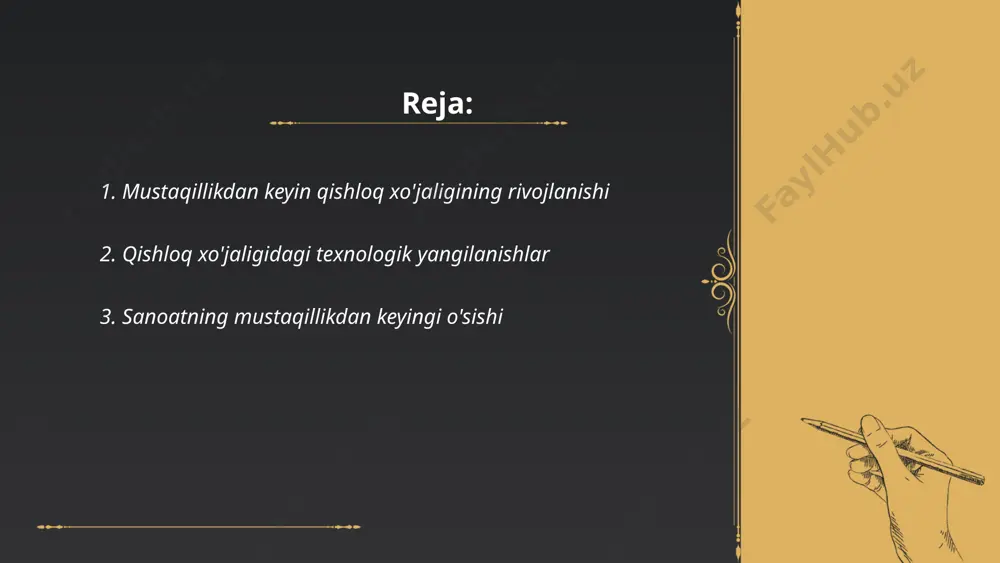 aydai_bot mustaqillikdan keyingi yillarda o'zbekiston sanoati sezilarli o'sishni boshdan kechirdi. 1991-2021-yillarda sanoatda ishlab chiqarish hajmi yildan-yilga ko'paydi, o'rtacha o'sish sur'ati 5-7% ni tashkil etdi. 2000-yillarga kelib, davlat tomonidan qattiq nazorat qilinadigan iqtisodiyotdan liberallashtirilgan iqtisodiyotga o'tish davom etdi. o'zbekiston sanoati avtomobilsozlik, tekstil va oziq-ovqat ishlab chiqarish kabi sektorlarda yangi korxonalar ochilishi bilan diversifikatsiyalandi. hozirgi kunda sanoat yalpi ichki mahsulotda (yim) 30% dan ortiq ulushga ega. natijada, eksport ko'rsatkichlari yiliga o'rtacha 10% ga oshdi. sanoat o'sishi aholiga yangi ish o'rinlari yaratishga ham turtki berdi. ... t.me/slaydai_bot 4. oziq-ovqat xavfsizligi va milliy strategiyalarning joriy etilishi oziq-ovqat xavfsizligi va milliy strategiyalarning joriy etilishi bo'yicha o'zbekiston quyidagi maqsadlarni bajarishga intilmoqda: yirik fermer xo'jaliklarining 70% sertifikatlangan bo'lishi, oziq-ovqat mahsulotlarining 95% davlat standartlariga muvofiq ishlab chiqarilishi, va qishloq aholisining kaloriyaga bo'lgan ehtiyojining 100% qondirilishi. 2022-yilda oziq-ovqat xavfsizligi strategiyalariga 150 milliard so'm ajratildi. shu bilan birga, eksport faoliyatini kuchaytirish uchun 20 ming gektar zamonaviy irrigatsiya tizimlari joriy etildi. …