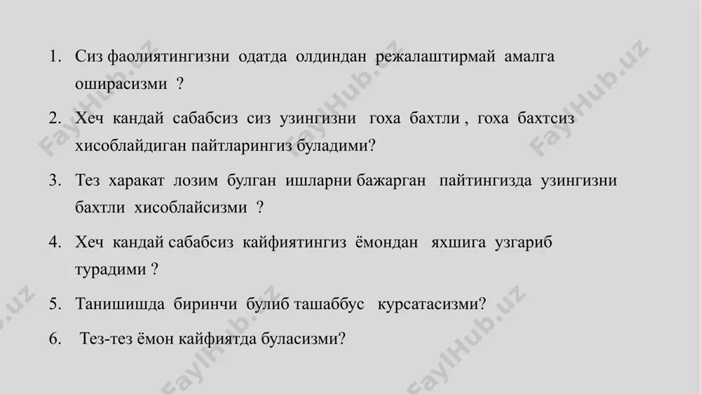 бошлайди ,харакатлари чаккон,тез кузгалувчан,сабрсиз,ховликма муносабатда кескин ,ростгуй ва каътиятли ,ташаббускор ,кайсар ,топкир,тиришкок,таваккал килишга мойил,аразламайдиган тез эхтиросли ,кизикконликка мойил ,камчиликларга токатсиз,тез харакатга эга ,кайфияти тез узгариб туришга мойил шахс,хиссий кузгалувчан ва экстраверт,улар аник имо-ишоралар ,бой мимика билан характерланади. бундай кишилар купинча узини узини тута билмасликка йул куядилар ,агрессив кайфиятга берилувчан,аразчи буладилар. сангвиник:- бу типдаги кишилар жушкин ,хушчакчак,гайратли,ишчан,мехрибон хар кандай ишларда актив муносабатда булиши ,тез ва осон жавоб беради ва тил топишади,узига ортикча бахо беришга мойил ,бошлаган ишини охиригача етказмайди,кизикишлар ва мойиликлари тутуриксиз ,шароитларга осон куникади,зур кизикиш билан ишига киришади,дилкаш ва мехрибон ,кишилар билан муносабатда тортинмайдиган бардошли ва ишчан,ифодали мимикаси билан ажралиб туради,тез ва баланд овозли нуткка эга,тез ухлаб тез уйгонади,шошма-шошар,турли нарсаларга чалгишга мойил. флегматик:- бу типдаги кишилар нихоятда огир босик ва совуккон ,мулохазали эхтиёткор ва андишали ,кутишга кодир ,кам гап,хис-хаяжони яккол ифодаланмаган,вазмин ва сабр -токатли,бошлаган ишини охиригача етказади,кучини бекорга сарфламайди, системага каътий риоя килади,кам таъсирланувчан,кизикишлари баркарор пухта ,кийинчиликларга мослашадиган ,узини тута …