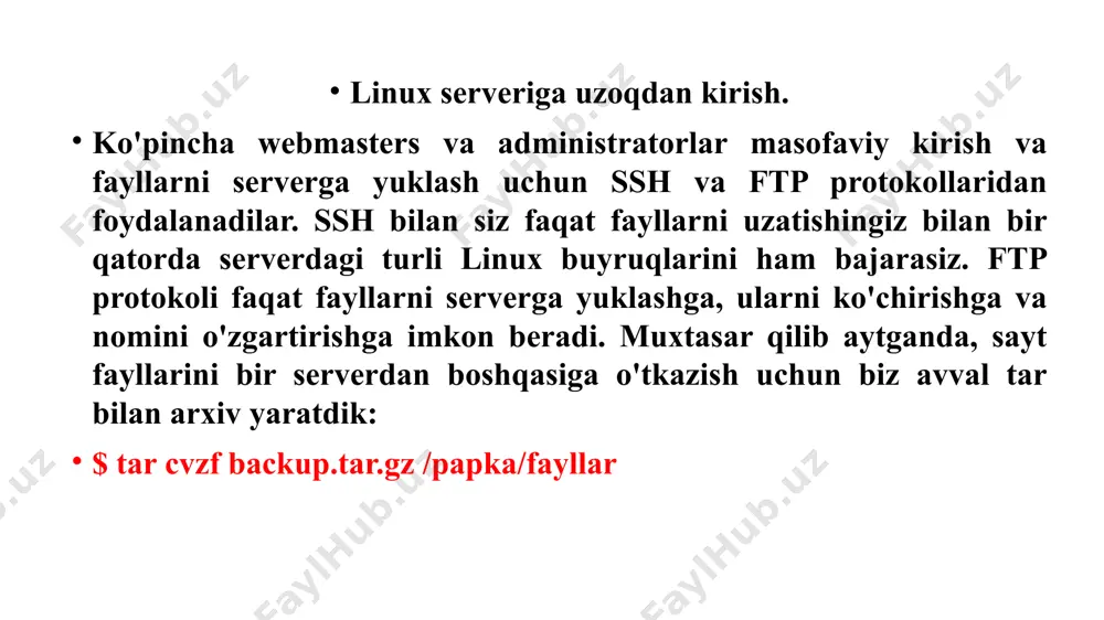 adan boshlashingiz ham mumkin: $ sudo systemctl restart httpd yoki u oldin ishlamagan bo'lsa, uni ishga tushirish: $ sudo systemctl start httpd agar xizmat ishga tushmasa, u holda siz bu haqda ma'lumotni status buyrug'idan foydalanib yoki ko'rishingiz mumkin: $ journalctl –xe linux administratsiyalash. linux ot ni o`rnatilgach tushunarsiz xarflar chiqmasligi uchun komandalar qatoriga sudo nano /etc/rc.local fayliga exit 0ni #exit 0 keyingi qatorga : setupcon yozamiz, faylni saqlaymiz perezagruzka qilamiz shutdown -r now bizga kirilcha so`zlar chiqa boshlaydi. login va parolni kiritib tarmoq interfaysini to`g`irlashga o`tamiz u sudo nano /etc/network/interfaces faylida bo`ladi. interfaces faylida bo`lishi mumkin axborotlar: vim (ushbu buyruqning terminaldagi ko`rinishi). vim-bu sistemshiklar uchun matin muharriri. adminlash uchun juda kerak bo`ladi. yuzaga kelgan muammolarni sistemshiklar turli yo`llar bilan xal qilishda, sistemali fayllarni tuzatishda, konfigli fayllarni tuzatishda juda kerak bo`ladi. vim- 25 yildan beri ishlatilib kelinadi. uni ko`plab dasturchilar turli dastur va utilitalar qo`shib boyitib bormoqda. u boshqa redaktorlardan ishlash …