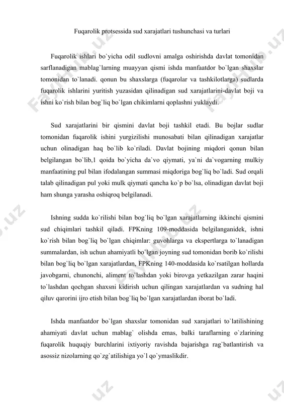 iyoriy ravishda bajarishga rag`batlantirish va asossiz nizolarning qo`zg`atilishiga yo`l qo`ymaslikdir. sudda fuqarolik ishining yuritilishi munosabati bilan taraflarning qiladigan sud xarajatlari ularning shaxsiy va mulkiy huquqlarining hamda qonuniy manfaatlarining himoya qilinishi uchun sudga murojaat qilishlariga hech qanday to`sqinlik qilmaydi. bunga: fuqarolik ishlarining sudda ko`rilishiga to`lanadigan davlat bojining oz miqdorda olinishi, ishni ko`rish bilan bog`liq bo`lgan chiqimlarni minimal miqdorda belgilash, to`langan boj va chiqimlar sudda hal qilingan nizoda haqli bo`lgan tarafga qaytarilishi, qator ishlar bo`yicha da`vogarlar davlat boji va ishni yuritish chiqimlarini to`lashdan butunlay yoki qisman ozod qilinishi bilan erishiladi. davlat boji davlat boji sud muassasalariga beriladigan da`vo arizalaridan, organlar va mansabdor shaxslarning xatti-harakat (qaror)lari ustidan berilgan shikoyatlar, alohida tartibda ko`riladigan ishlar bo`yicha arizalar, sudlarning hal qiluv qarorlari ustidan kassatsiya tartibida shikoyatlar va nazorat tartibida protestlar keltirish to`g`risida arizalar berganlik uchun, shuningdek sud muassasalari tomonidan qog`ozlar va hujjatlarning nusxalari berilganligi uchun olinadi. davlat bojining miqdori va uning to`lanishi tartibi «davlat boji to`g`risida»gi …