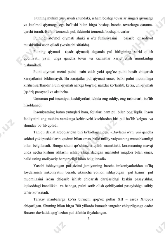 tida foydalangan. umuman tarixda birinchi tangalar vii – asrda kichik osiyodagi lidiya mamlakatida zabt etilgan. k.marks, a.smit va d.rekrdolarning tadqiqotlariga tayangan hoda pulni vujudga kelish jaryonini qiymatning quyidagi shakllari bilan bog’laydi: 1. qiymatni oddiy yoki tasodifiy shakli. bu tovar ishlab chiqarishning dastlabki davriga to’g’ri kelib tovarlar pulsiz bir-biriga bevosita ayirboshlangan. bunda mahsulot ayriboshlash uchun ishlab chiqarilmagan, lekin uni ortikchasi tasodifiy shaklda ayirboshlangan. tasodifiy ayirboshlash mehnat mahsulotining tovarga aylanganligini ifodalaydi. ayriboshlash natijasida tovar mahsuloti o’ziga teng qiymatli ekvivalent mahsulotga ayriboshlanadi. ayriboshlash jarayonida iste’molni qondirish birinchi darajali masala, tovarlar qiymatini taqqoslash esa ikkinchi darajali masala sifatida qaralgan. masalan, 1 bolta = 20 kg don. 2. qiymatning to’la yoki kengaygan shakli tovar ayriboshlash rivojlanishi bilan tasodifiy qiymat shaklidan to’la yoki kengaytirilgan shakliga o’tilgan. bunday ayriboshlashda bir tovarga qarama-qarshi faqat bitta tovar emas, balki bir nechta tovarlar ishtirok etadi. masalan, sudanliklarda 10-15 bosh qo’y 10 qop tuz 20-30 bosh echki 2 bosh buqaga ayirboshlangan. …