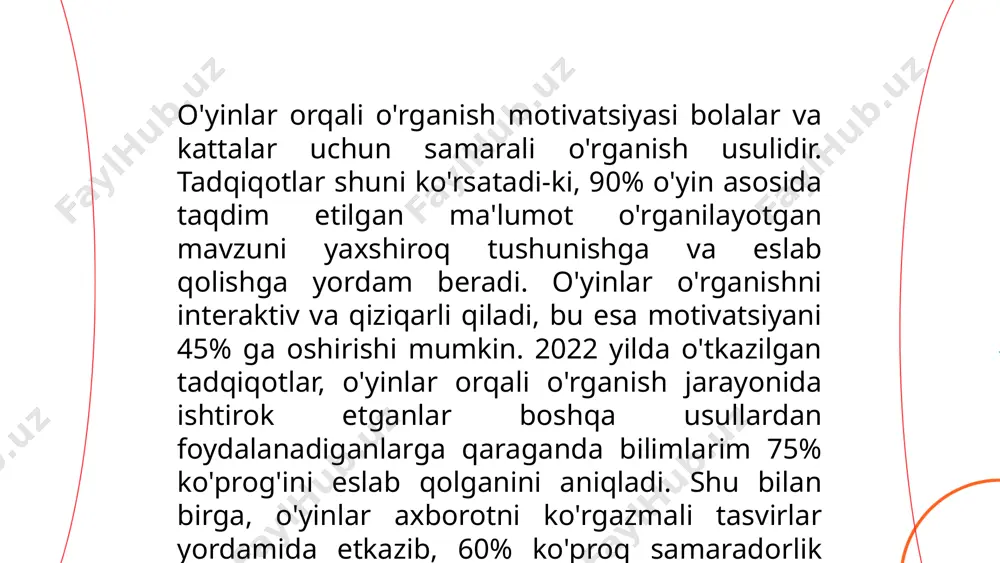ijodiy qobiliyatlarni rivojlantirishda o'yinlar muhim rol o'ynaydi. masalan, lego konstruktori bilan o'ynash bolalarning makro va mikro tafakkurini oshiradi. shuningdek, skrebbl va boggle kabi so'z o'yinlari til boyligini ko'paytiradi va so'z birikmalarini yaratishga yordam beradi. tahlillar ko’rsatadi-ki, o’quvchilar o'yin faoliyatida ishtirok etgan holatda ijodiy vazifalar bajarilishida 30% ga samaraliroq natijalarga erishadilar. mazkur o’yinlar ijodni rag'batlantiradi, mantiqni rivojlantiradi va muammolarni hal etishda ijodiy yondashuvlarni shakllantiradi. shu sababli o'yinlar orqali ijodiy fikrlashni rivojlantirish jarayonini yo'lga qo'yish muhimdir. ... t.me/slaydai_bot ijtimoiy va kooperativ o'yinlar insonlar o'rtasida hamkorlik va muloqotni rivojlantirishda muhim rol o'ynaydi. ushbu o'yinlar orqali ishtirokchilar birgalikda maqsadga erishish uchun bilim va strategiyalarini almashadilar. yaponiyada kooperativ o'yinlar bozori 2019 yilda taxminan 12% o'sishni ko'rsatgan. 2018 yilda o‘tkazilgan tadqiqot natijalari ko'ra, 75% ishtirokchilar kooperativ o‘yinlar ijtimoiy aloqalarni mustahkamlashda yordam berishini ta'kidlashgan. ushbu turdagi o'yinlar bolalar, yoshlar va kattalar o'rtasida muhim mashg'ulot sifatida javob topmoqda. kooperativ o'yinlar orasida "pandemiya" va "xamkori" kabi bord o'yinlari mashhur …