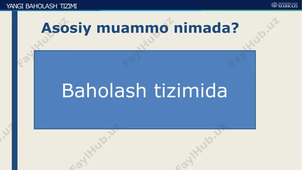 opshiriqlarni muntazam nazorati tizimga joriy etishdagi muammolar o‘qituvchilarni baholash tizimiga ko‘nikishi o‘quvchilarning yangi baholash tizimiga ko‘nikishi yangi baholash tizimi yangi baholash tizimi summativ ballar yig‘indisi baho o‘zlashtirish darajasi 100-86 5 a’lo 85-66 4 yaxshi 65-31 3 qoniqarli 30-0 2 qoniqarsiz umumta’lim maktablari uchun ballarni bahoga o‘tkazish shkalasi e’tiboringiz uchun rahmat www.piima.uz info@pmm.uz @mahoratmarkaz @pmm_uz @pmm_uz image1.png image2.png image3.png image4.png image5.png image6.png image7.png image8.png image9.png image10.png image11.png image12.png image13.png image14.png image15.png image16.png image17.png image18.png image19.png image27.png image28.png image29.png image30.png image31.png image32.png image33.png image34.png image35.png image36.png image37.png image20.png image21.png image22.png image23.png image24.png image25.png image26.png image45.png image46.png image47.png image48.png image38.png image39.png image40.png image41.png image42.png image43.png image44.png image56.png image57.png image58.png image59.png image60.png image61.png image62.png image63.png image64.png image65.png image66.png image67.png image68.png image69.png image70.png image71.png image72.png image73.png image74.png image75.png image49.png image76.png image77.png image78.png image79.png image50.png image51.png image52.png image53.png image54.png image55.png image80.png image81.jpg image82.png image83.png image84.png image85.png image94.png image95.png image96.png image97.png image98.png image99.png image86.png image87.png image88.png image89.png …