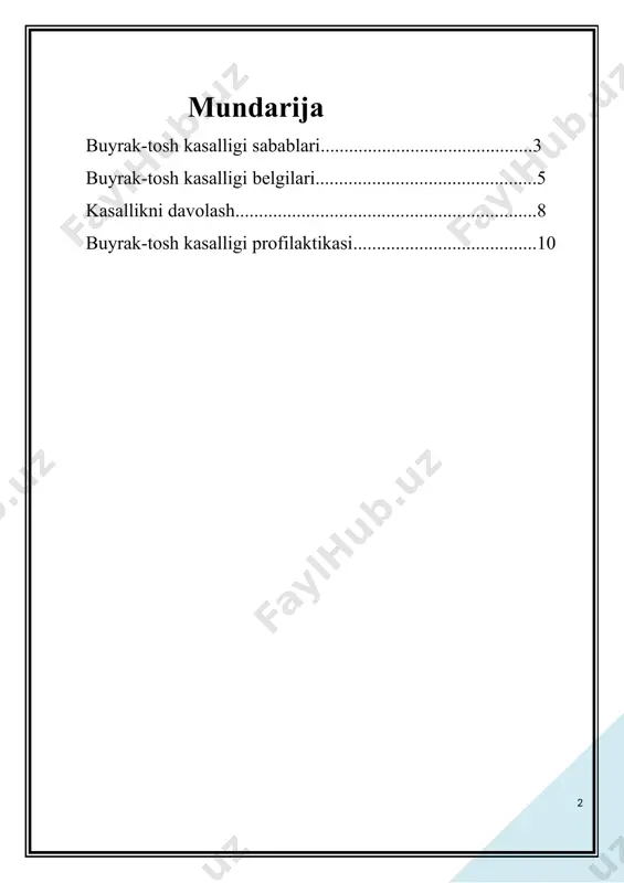 kuzatiladi. toshlar avvaliga kichik hajmda boʻlib, sogʻlom turmush tarziga rioya qiladigan insonlarda peshob ajralishi orqali chiqib ketadi. aks holda kristallar oʻsishni boshlaydi va bir-biri bilan birlashib, toshga aylanadi. bu xastalikning xavfli tomoni shundaki, buyrakda hosil boʻlgan toshlar yillar davomida hech qanday belgilarsiz kattalashishi mumkin. choʻkindilar sogʻlom buyrakka emas, uning shamollashdan yalligʻlangan qismiga yopishadi. isitma, ogʻriqli xurujlar bilan kechadigan turli oʻtkir kasalliklardan farqli, surunkali buyrak xastaliklari odamni koʻp ham bezovta qilmaydi, shuning uchun koʻpchilik bemorlar oʻtkinchi ogʻriq deb ushbu xastalikni eʼtiborsiz qoldirishadi. toshlar kattalashib, kutilmaganda belda, qorinda qattiq ogʻriq berib qolganidan keyingina shifokorga murojaat qilishadi. bu esa, davolanish jarayonining ogʻir va uzoq vaqt davom etishiga olib keladi. — siydikning oz-ozdan, tez-tez, baʼzida esa, ogʻriq bilan kelishi kuzatilishi bu buyrakda tosh yigʻilganining ilk belgilaridir. shuningdek, peshob rangi qizgʻish, xiralashgan tusga kirishi mumkin. tosh peshob ajralib chiqish yoʻlini toʻsib qoʻysa, bemorda buyrak sanchigʻi paydo boʻladi. bu qorinning deyarli yarmini qamrab olgan oʻta kuchli …