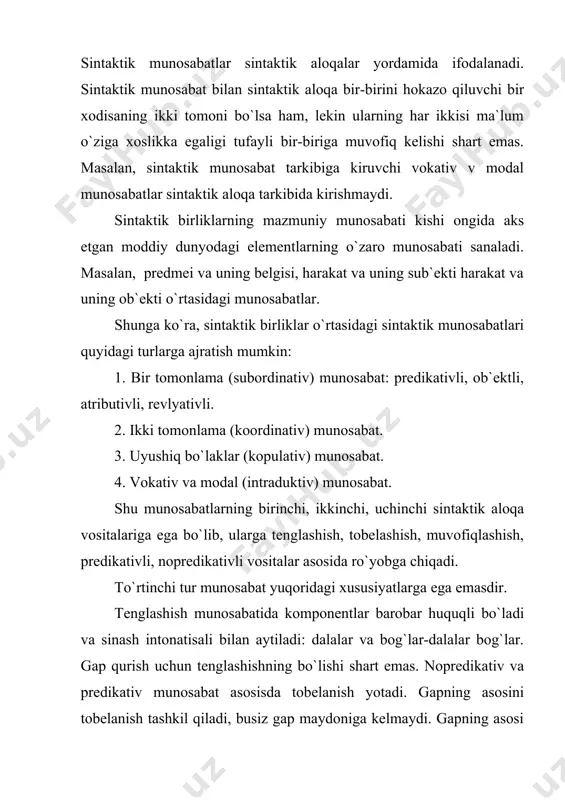 so`z birikmasi (nopredikat) yo gap (predikativ munosabat) hosil bo`ladi: vafodor qiz, qiz vafodor kabi. so`zlar sintaktik aloqaga kirishganda, ular faqatgina shakliy bog`lanib qolmay, unda biror vokeylik, tushunchalar ifodalangan bo`ladi (qaratuvchi-qaralmish). bunday birikma tarkibidagi birliklarning sub`ektli munosabati muvofiqlashuv munosabati sanaladi. vazifasiga ko`ra, so`z qo`shilmalarining predikativ, ob`ektli va relyativ birikmalarga bo`linishi kelib chiqadi. ular kesimli, aniqlovini, to`ldiruvchili, xolli birikmalar deb ham nomlanadi. bir tomonlama (subordinativ) munosabat o`z vazifasiga ko`ra quyidagi ko`rinishlarga ega: ega va kesim munosabati orqali hosil bo`lgan birikmadir. atributiv munosabatda predmetning belgi o`rniga qo`shib, bir murakkab tasavvur xolida beriladi. bu birikma sifatlovchi va sifatlanmishdan hosil bo`ladi. ular material jixatidan quyidagi ko`rinishlarga ega: ot+ot: xalq boyligi, yog`och uy sifat+ot: yangi dunyo, zur ko`tarinkilik sifatdosh+ot: aytilgan o`q, o`qigan yigit olmosh+ot: shu bahor, bu bino, ushbu maktab son+ot: o`n sakkiz yoshlik, o`nta kitob ravish+ot: oz suv, ko`p qalam, tez bola mimema+ot: duv-duv gap, shov-shuv daryo ob`ektli birikma predmet bilan harakat orasidani munosabatni ko`rsatadi. …