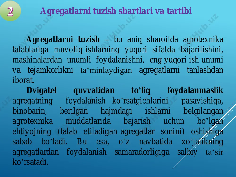 lash agregatning to’g’ri tuzilganligini baholash lalmikor va sug’oriladigan dehqonchilik qilinadigan maydonlarga agregatlar bilan ishlov berishda dala o’lchamlarini ahamiyati turlicha bo’lib, bu ko’rsatgichlar dalada ishlayotgan agregatning ish unumi va foydalanish samaradorligini o’zgarishiga katta ta‘sir ko’rsatadi. lalmikor dehqonchilik sharoitida dala shaklini turlicha bo’lishi, ya‘ni, maydon yuzasini katta yoki kichikligi, uzun yoki qisqaligi, past yoki balandligi(notekisligi) agregatdan foydalanish samaradorligiga ta‘siri unchalik muhim emas. bu sharoitda dalaning qiyalik darajasi hamda operatorning malakasi agregatning ish unumi va foydalanish samaradorligiga ta‘sir etuvchi asosiy omillar hisoblanadi. sug'oriladigan dehqonchilik sharoitida esa dalaning barcha o’lchamlari, ayniqsa, uning uzunligi (1-rasm) agregatning foydalanish samaradorligiga katta ta‘sir ko’rsatadi. ishlov beriladigan maydon shakli va o’lchamlarini agregatning foydalanish samaradorligiga ta’siri 1 - rasm. dalaning kinematik o’lchamlari ishlov beriladigan maydon shakli va o’lchamlarini agregatning foydalanish samaradorligiga ta’siri tabiiy sharoitda bir xil maydon yuzasiga ega bo’lgan dalalar uzunligi (ld) va enining (bd) nisbatlari turlicha, ya‘ni bd≤ ld ≤ bd bo’lishi mumkin. dalaning uzunligi agregatlardan samarali foydalanishda …