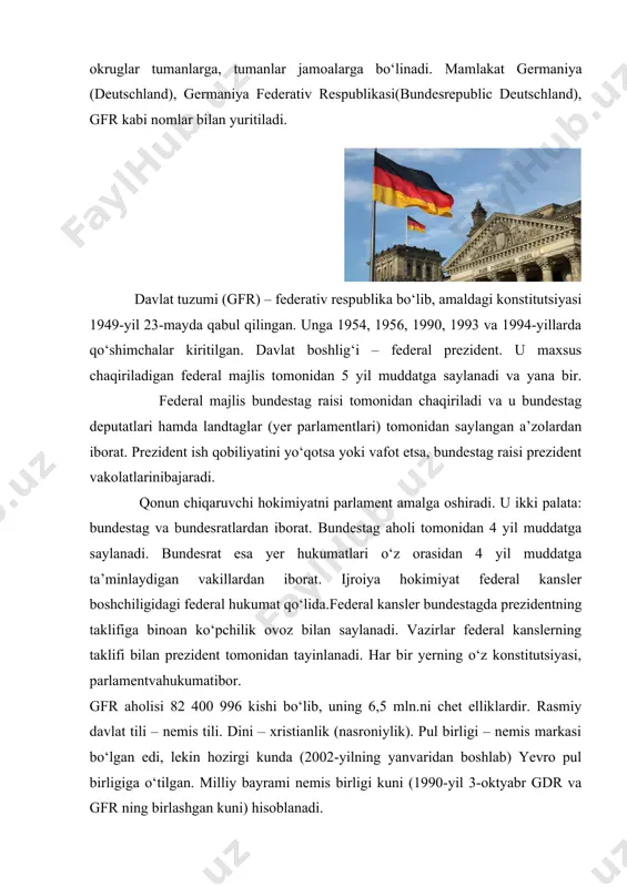 amalga oshirish maqsadida 1993-yil avgustda idoralararo komissiya hamda 1995-yil may oyida o‘zbekiston – germaniya doimiy ishchi guruhi tuzildi. mazkur komissiya va guruh muntazam ravishda yig‘ilishlar o‘tkazib, investitsiyalarni kafolatlash va sug‘urtalash, loyihalarni moliyalash, xususiylashtirishga ko‘maklashish, qimmatli qog‘ozlar bozorini vujudga keltirish kabi muhim masalalarni hal qilib kelayotir. 1993-yil toshkentda germaniyaning texnikaviy hamkorlik jamiyatining vakolatxonasi ochildi. jamiyat faoliyati tufayli bozor iqtisodiyotiga oid seminarlar va o‘quv kurslari o‘tkazish yo‘li bilan mutaxassislar tayyorlash, iqtisodiy qonunchilik, xususiylashtirish, kichik va o‘rta tadbirkorlikni rivojlantirish, atrof-muhitni muhofaza qilish, shahar yo‘lovchi transportiga doir qonun va nizomlar ishlab chiqish, “onalik va bolalikni himoya qilish” tadbirlari bo‘yicha maslahatlar berish dasturi amalga oshirila boshladi. o‘zbekiston respublikasitashqi iqtisodiy faoliyat milliy banki germaniyaning “aka”, “kfv”, “berliner bank” va “doyche bank” kabi banklari bilan bazis bitimlari tuzgan. shu bitimlar asosida kamida 778,7 mln. nemis markasi miqdorida turli loyihalarni mablag‘ bilan ta’minlash boshlandi. o‘zbekiston respublikasi birinchi prezidenti islom karimovning germaniyaga 2001-yil 2-5-aprel kunlari qilgan tashrifi ikki mamlakatning …