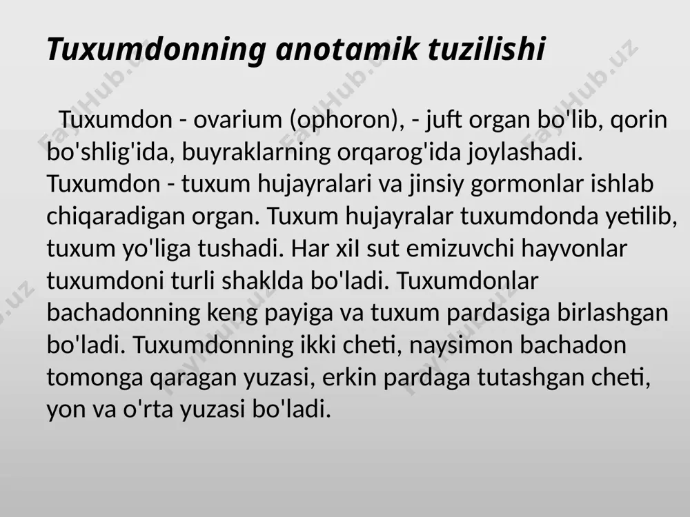 follikulalarni stimullovchi (fsg), lyuteinlovchi (lg) garmonlari tuxumdon fallikulalarning katta o’sish davriga o’tishini va estragenning ishlab chiqarilishini boshqaradi. tuxumdon. po'stloq modda qismi. bo'yalishi: gem-eozin. 1 – qoplovchi epiteliysi (mezoteliy); 2 – oqsil parda; 3 – primordial follikullar: 3.1 – birlamchi ootsit, 3.2 – follikulyar xujayralar (yassi); 4 – birlamchi follikul: 4.1 – birlamchi ootsit, 4.2 –follikulyar hujayralar (kubsimon, prizmatik); 5 – ikkilamchi (bo'shlik oldi) follikul: 5.1 – bir-lamchi ootsit, 5.2 – yaltiroq parda, 5.3 – follikulyar hujayralar (ko'p qavatli parda), 6 – uchlamchi follikul : 6.1 – birlamchi ootsit, 6.2 – yaltiroq parda, 6.3 – follikulyar hujayralar, 6.4 – follikulyar suyuklik to'plangan bo'shliq, 6.5 – follikul pardasi (teka); 7 – etilgan uchlamchi (ovulyatsiya oldi) follikul – graaf pufakchasi: 7.1 – birlamchi ootsit, 7.2 – yaltiroq parda, 7.3 – tuxum saqlovchi do'mboqcha, 7.4 - follikula devorining follikulyar xujayralari, 7.5 - follikulyar suyuklik to'plangan bo'shliq, 7.6 - follikul pardasi (teka), 7.6.1 – parda …