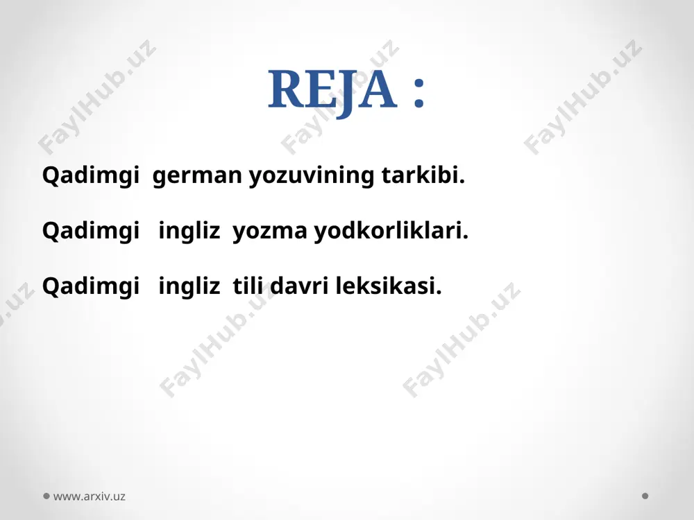 nidan ix asrda 1) “cura pastoralis” (qavmga rahbarlik qiluvchi ruhoniyning tashvishlari) vi asrda yashagan grigoriy ining asari tarjima qilingan. bu asar qirol alfred v asrda yashagan “ispan rohibi orosiyaning jahonshumul tarixi” deb nomlagan sozboshi ham yozgan. ushbu so’zboshi yana ohthere va vulfstan degan sayyohlarning hikoyalari ham qistirilgan. www.arxiv.uz www.arxiv.uz x asrda abbat elfrikning “grammatika san’ati” deb nomlangan asari tarjima qilingan. mersiya dialekt. –bu dialektda ix sardagi injilning to’rt kitobidan biri tarjima qilingan. huddi shuningdek, cherkov madhiyalari ham o’girilgan. www.arxiv.uz www.arxiv.uz nortumbriya dialekt. –bunda injilning lotin alifbosidagi tarjimasi yozilgan. kent dialekt. - kent dialektda injildagi oyatlar hamda yuridik hujjatlarning tarjimalari amalgam oshirilgan. www.arxiv.uz www.arxiv.uz poetik (nazmiy) yodgorliklar – poetik yodgorliklarning ichida eng ahamiyatlisi va yirigi, noma’lum muallifning “beovulf” deb nomlangan epik poemasini, rohib kyunevulfning- “yelene”, “yuliana”, “andrey” poemalarini hamda noma’lum muallifning “yudif” poemasini sanab o’tish mumkin. www.arxiv.uz www.arxiv.uz qadimgi ingliz tili davri leksikasi qadimgi ingliz tili davri leksikasi deyarli german tillaridan …