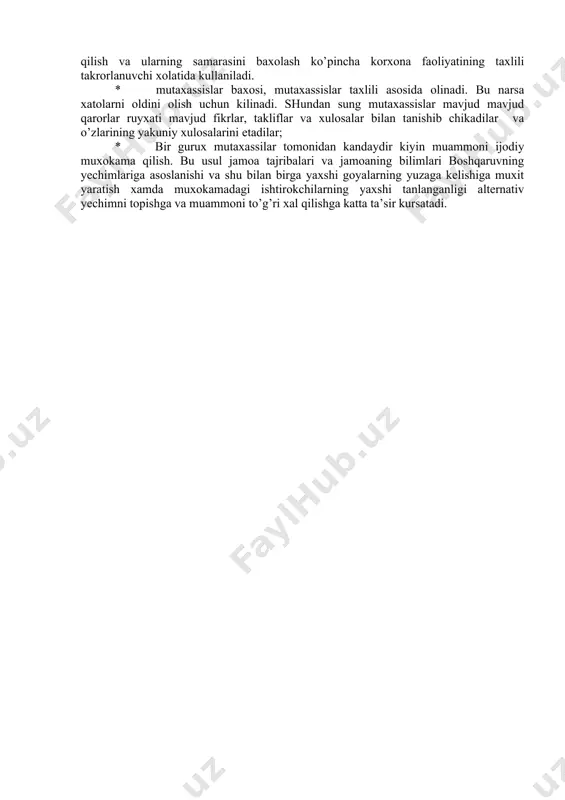 klassifikatsiya qilish, taxlil qilish va baxolash, ya’ni axborotni kayta ishlash; 3. qarorlarni turli variantlarini ishlab chikish; 4. variantlarni taxlil qilish, muxokama qilish va baxolash; 5. oxirgi va optimal variantni qabul qilish; 6. ґar bir qarorni kerakli shaklda xujjatlashtirish; 7. qarorlarni muxrlab kuyish; 8. qarorni bajaruvchiga kuyilishi; 9. qabul kilingan qarorlar bajarilishini tashkil qilish; 10. qarorni bajarilishini nazorati va xisobi. 4. boshqaruv qarorlarini optimallashtirish usullari va ularni bajarilishini tashkil etish. boshqaruv qarorlarining asosi deb optimal variantga eng yaqin bo’lgan, eng zo’r variant qabul qilinadi. bu variant mehnatni, moliyaviy-texnik resurslarni va vaqtni eng kam sarf kilingan xolda, korxonadagi mavjud xolat xakidagi mantikiy axborotlarni yigib, taxlil qilish orkali kelib chikadi. optimal qarorni yoki unga yakin qarorni tanlashda kerakli usul va uslubni kullash darkor. boshqaruv amaliyotida qarorlarni qabul qilish va ular bilan ishlashning kuyidagi usullari mavjud: * tizimli-iktisodiy va ijtimoiy taxlil, statistik javoblar va baxolar usuli; * variantli katorlarning, ya’ni reja - ishlab chiqarish …