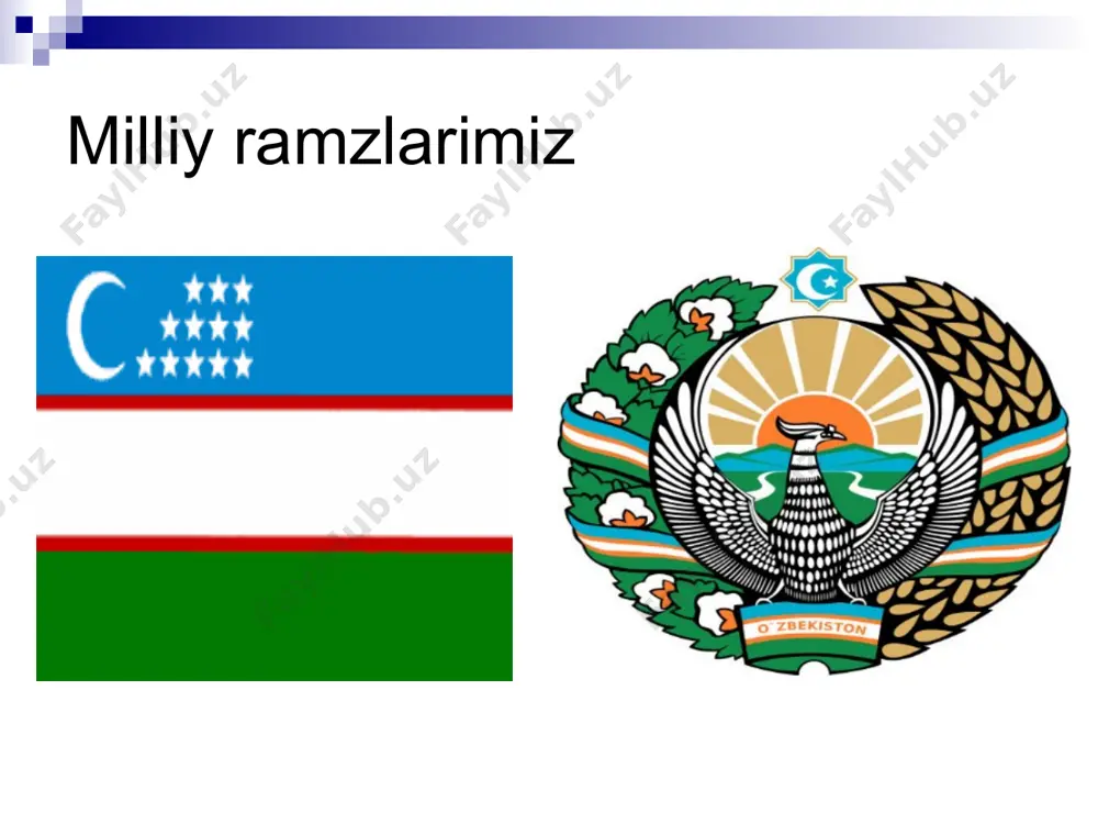 arlar bizning beqiyos ma’naviy boyligimiz, iftixorimizdir. bunchalik katta merosga ega xalq dunyoda kam topiladi. bu borada dunyoning sanoqli mamlakatlari biz bilan bellashadi…(i.a.karimov) bizning maqsadimiz: yurtimizda istiqomat qiluvchi barcha insonlar uchun millati, tili va dinidan qa’ti nazar, munosib hayot sharoiti yaratib berish, rivojlangan demokratik mamlakatlardagi kafolatlanadigan turmush darajasi va erkinliklarini ta’minlash. milliy kiyimlarimiz tarixiy yodgorliklarimiz davlat muhofazasida milliy bayramlarimiz 21-mart navro’z; 8-mart xalqaro xotin qizlar kuni; 9-may xotira va qadirlash kuni; 1-yanvar yangi yil; hayit bayramlari. ayni paytda o’zbekistonda istiqomat qilayotgan 130 dan ortiq millat va ellatlarning farzandlari mamlakatimiz o’quv yurtlarida bemalol ta’lim olmoqdalar. yoshlar oliy o’quv yurtlarida va maktablarda 8 tilda ta’lim olmoqdalar. ko’pchilik tillarda gazeta va jurnallar chop etilmoqda. teleko’rsatuv va radioeshittirishlar olib borilmoqda. e’tiboringiz uchin rahmat bukhara 2012 image1.png image2.png image3.png image4.png image5.png image6.png image7.png image8.png image9.png image10.png