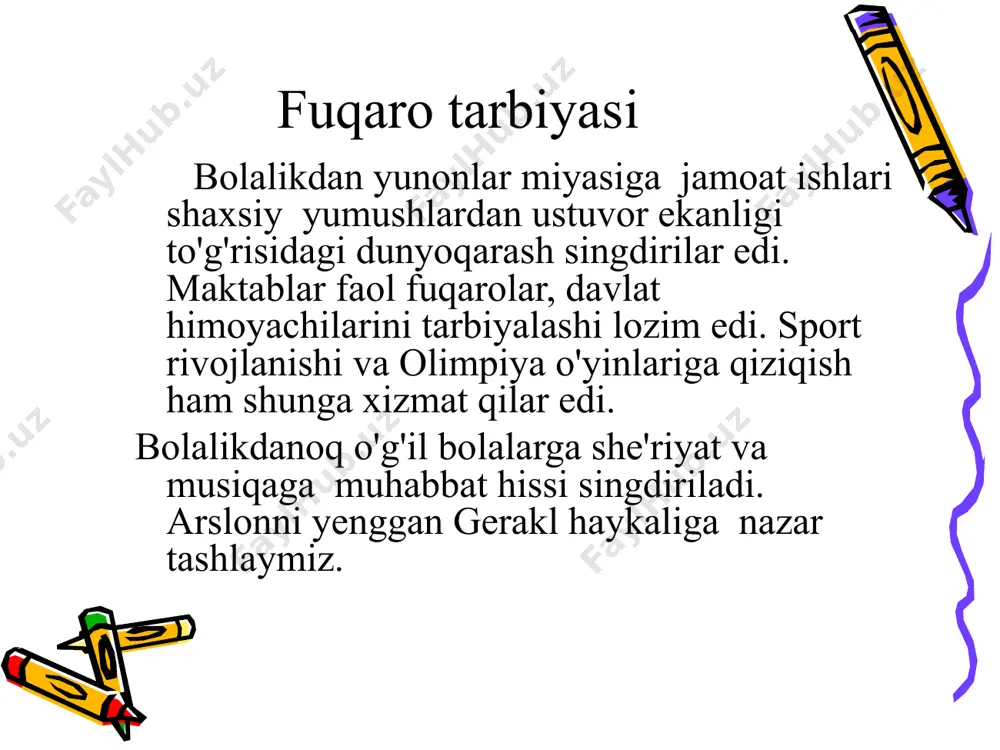 ni yunonchadan tarjima qilganda "tomoshalar uchun joy”, "tomoshaxona" degan ma'nolarni anglatadi qadimgi yunon teatrlari maydoni o'lchamlari kattaligi bilan ajralib turgan. afina teatri 17.ming tomoshabinga mo'ljallangan edi. tomoshalar faqat bayramlarda uyushtirilgan. erta tongdan boshlangan tomoshalar kun bo'yi davom etardi. tomoshabinlarga bir necha p'esalar namoyish etilar edi. театр ниқоблари teatrga kirish uchun arzimas tomosha haqi yig'ilgan. qashshoq fuqarolarga teatrga borishi uchun pul berilar edi. oldingi qatorlardagi o'rinlar tekin bo'lib, kohinlar, strateglar, davlatga muhim xizmatlar qilgan fuqarolar kabi faxrli tomoshabinlarga mo'ljallangan edi. o'zaro kurash namoyish yetilgan, odatda qatnashuvchi kishilar halok bo'lishi bilan tugaydigan p'esalar tragediya deyilgan. "shoh edip" va "antigona" singari eng mashhur tragediyalarni sofokl yozgan edi. ajoyib qochiriqlar, quvnoq sahnalar, nozik yumorga boy komediyalar esa inson nuqsonlari ustidan kuladi. aristofan komediyalar ustasi edi. "arilar", "qushlar", "baqalar" degan mashhur komediyalarni ana shu muallif yozgan. haykaltaroshlik va me’morchilik yunonlar nafaqat podsholar va zodagonlar uchun saroylar va maqbaralar, balki hamma odamlar foydalanadigan jamoat binolari ham …