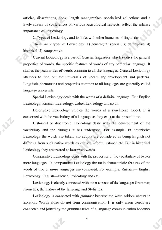 cteristic features of the words of two or more languages are compared. for example. russian— english lexicology, english—french lexicology and etc. lexicology is closely connected with other aspects of the language: grammar, phonetics, the history of the language and stylistics. lexicology is connected with grammar because the word seldom occurs in isolation. words alone do not form communication. it is only when words are connected and joined by the grammar rules of a language communication becomes possible. on the other hand grammatical form and function of the word affect its lexical meaning. for example. when the verb «go» in the continuous tenses is followed by «to» and an infinitive, it expresses a future action. for example. he is not going to read this book. participle ii of the verb «go» following the link verb «be» denotes the negative meaning. for example. the house is gone. so the lexical meanings of …
