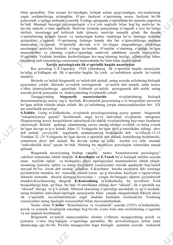 yoshli bola muskul kuchi 12 yoshli bolaga nisbatan 2 baravar ko‘p bo‘ladi. jismoniy taraqqiyot, asosan, to‘g‘ri ovqatlanish rejimiga va jismoniy tarbiya bilan shug‘ullanishiga ko‘p jihatdan bog‘liq. jinsiy taraqqiyot jihatdan bu yoshdagi ko‘pchilik yigit va qizlar postpubertat (tugallanuvchi) davrda bo‘ladilar. bularning jismoniy rivojlanishi katta yoshdagi odamning jismoniy rivojlanishidan kam fark qiladi. bo‘yning va organizmning notekis o‘sishi va rivojlanish davri tugallanadi hamda jismoniy rivojlanishning nisbatan birmuncha tekis davri boshlanadi.o‘spirinlik yoshida jismoniy sifatlar (bo‘y, og‘irlik) nisbatan barqaror darajaga etgan bo‘ladi. shuningdek, muskul kuchi va ishchanlik qobiliyati sezilarli darajada ortadi. ko‘krak qafasining hajmi kengayadi, skelet, naychasimon suyaklar qattiqlashadi, to‘qimalar va a’zolarning shakllanishi va funksional taraqqiyoti tugallanadi. odatda bu yoshda yurak va qon tomirlarning rivojlanishida o‘smirlarga xos bo‘lgan notekislik endi tekislashadi, qon bosimi baravarlashadi, ichki sekretsiya bezlari bir me’yorda ishlay boshlaydi. nerv sistemasining va xususan, miya rivojlanishidagi o‘zgarishlar ma’lum bo‘lib qoladi. lekin, bu o‘zgarishlar miya massasining ortishi hisobiga emas, balki miyaning ichki hujayralari tuzilishining murakkablashuvi …