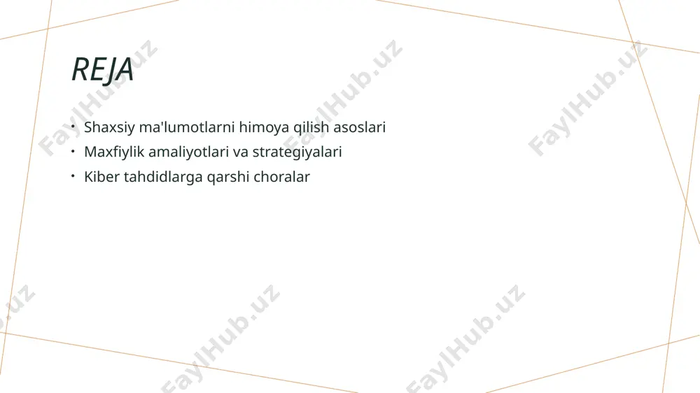 larni xavfsizligini ta'minlash uchun keng qo'llaniladi. bu jarayonda axborot maxfiy kodlar bilan himoyalanadi, faqat ruxsat etilgan foydalanuvchilar tomonidan o'qilishi mumkin. ma'lumotlarni zaxiralash texnologiyalari muhim ahamiyatga ega, chunki ular ma'lumotlarning yo'qolishi yoki shikastlanishi holatlarida saqlanishini ta'minlaydi. zaxira nusxalari muntazam ravishda yaratilishi kerak. kiber xavfsizlik vositalari, masalan, antivirus dasturlari va xavfsizlik devorlari, kiber tahdidlardan himoya qilishda muhim rol o'ynaydi. ular zararli dasturlarni aniqlaydi va to'siq qo'yadi. maxfiylikni ta'minlashda shaxsiy ma'lumotlarni boshqarish strategiyalari. shaxsiy ma'lumotlarni boshqarish ma'lumotlarga kirishni cheklash ma'lumotlarni shifrlash shaxsiy ma'lumotlarni boshqarish, foydalanuvchilarning ma'lumotlarini to'g'ri va xavfsiz saqlashni ta'minlaydi, bu esa maxfiylikni oshiradi. kirish huquqlarini boshqarish orqali, faqat kerakli shaxslar ma'lumotlarga kirishi mumkin. bu, ma'lumotning xavfsizligini ta'minlaydi va kiber tahdidlardan himoya qiladi. shifrlash texnologiyalari shaxsiy ma'lumotlarni himoya qilishda muhim ahamiyatga ega. ular, ma'lumotlarni o'g'irlash yoki zarar etkazishdan samarali himoya qiladi. kiberxavfsizlik va shaxsiy ma'lumotlarni himoya qilish amaliyotlari. kiberxavfsizlikning asoslari huquqiy nazorat texnologik yechimlar kiberxavfsizlik, ma'lumotlarni muhofaza qilish va tizimlarni kiber tahdidlardan …