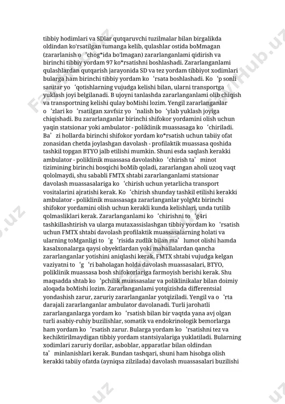 anizmdan qisqa vaqtlarda chiqib ketishiga sababchi bomadigan prcparatlardan biri kaliy yodiddir. 2.tabiiy ofat o`choqlarda jabrlanganlarga tibbiy yordam tashkil etish. tabiiy ofatning birinchi kunidan boshlab fmtx shtabidagi xizmatchilar 24 soatlik navbatchilikka o‘tishadi. kasalxona, ambulator - poliklinik muassasalar xodimlari 24 soatlik ish rejimiga o‘tkaziladi, tibbiy xizmatning hamma kuch va vositalari harakatga keltiriladi. birinchi tibbiy yordam tabiiy ofat tumanlarida dastavval aholi tomonidan o‘z-o‘ziga, hamda shu tumandagi sdlar tomonidan olib boriladi. bundan tashqari zararlangan aholiga birinchi tibbiy yordam ko‘rsatish uchun tez tibbiy yordam stansiyalarining kuch va vositalari jalb etiladi. bular boshqa tibbiy tuzilmalarga nisbatan belgilangan joyga zudlikda kelib, birinchi bo'lib zararlanganlarga tibbiy yordamni boshlashga qodir. xalq xo'jaligi obyektlarida zararlanganlarga tibbiy yordamni shu obyekt fmtx boshlig'i tashkillashtiradi. tez va kechiktirilmaydigan stansiya tibbiy hodimlari va sdlar qutqaruvchi tuzilmalar bilan birgalikda oldindan ko'rsatilgan tumanga kelib, qulashlar ostida bommagan (zararlanish o‘chog*ida bo'lmagan) zararlanganlami qidirish va birinchi tibbiy yordam 97 ko*rsatishni boshlashadi. zararlanganlami qulashlardan qutqarish jarayonida sd va tez …