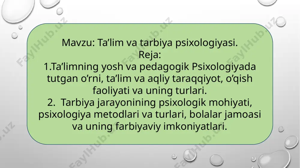 tirishdan iborat. 1.tarbiyalanuvchini alohida takrorlanmas, individuallik sifatida tushunmoq lozim. uning extiyojlari tuzilishini aniqlash kerak. 2.ijobiy emotsiyalar vositasida ijobiy xulq-atvor odatlarini shakillantirmoq lozim. 3.shu extiyojlarni qondirish vositalari bilan bolani qurollantirish tarbiya va tarbiyachidan muloqotni ham emas. birinchidan- boshqaruv tizimi ikkinchidan- simullashtirish tizimi uchinchidan- stabilizatsiyalash tizimi to’rtinchidan- idikatsiyalash tizimi tarbiyali bo’lish — bu xulq-atvorini nazorat qilishdan iboratdir. bunday nazorat insonga yomon xatti-harakatlarni bajarmaslik imkoniyatini beradi. agar shaxs xulq-atvorini axloqiyligi haqida qayg‘ursa, u ijtimoiylashuvga erishgan boladi. pedagogik baho psixologiyasi. bolalar ta’limi va tarbiyasining muvaffaqiyati motivatsiyaga, ya’ni bilimlarni o‘zlashtirish ko‘nikma va malakalarni shakllantirish uchun stimullar mavjudligiga to‘g‘ridan to‘g‘ri bog‘liq bo‘ladi. bolalar ta’limi va tarbiyasida namoyon bo‘ladigan motivlar va qiziqishlar rag‘batlantirish va jazolash tizimiga olib keladi. predmetga qaratilgan baholar bolaning shaxsiga emas, u bajargan ish uchun qo‘yiladi. bunda subyekt emas, faoliyatning mazmuni, predmeti, jarayoni, natijasi baholanadi. shaxsiy pedagogik baholar, aksincha, faoliyat subyektiga tegishli bo‘ladi, faoliyatda namoyon bo‘ladigan shaxsning individual xislatlari, uning intilishlari, ko‘nikmalari baholanadi. pedagogik …