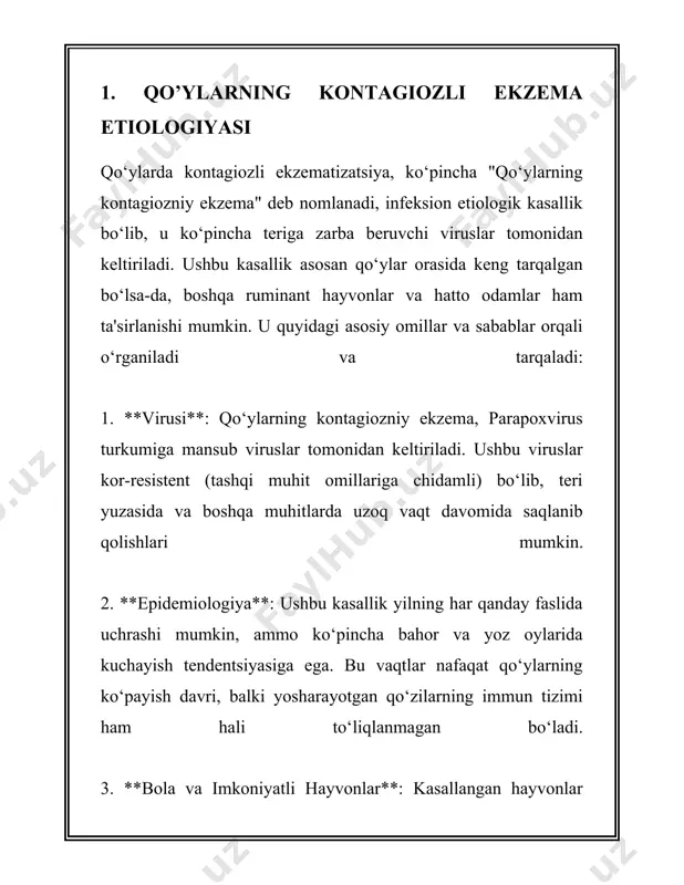 a) yoki pastёnka nomi bilan tanilgan yuqumli kasallik bo’lib, viruslar tomonidan qo’zg’atiladi. bu kasallik parapoxvirus tomonidan chaqiriladi va odatda qo’y va echkilarni zararlaydi. kontagioz ekzema simptomlari quyidagicha namoyon bo’ladi: 1. **dastlabki belgilari**: kasallik odatda hayvonning og’zi atrofida yoki yuz qismida mayda qizil dog’lar sifatida boshlanadi. bu dog’lar keyinchalik o’choqli tarzda tarqalishi mumkin. 2. **pufakchalar**: dog’lar qizarishi ortidan, bir necha kun ichida, o’sha joylarda mayda pufakchalar (vezikullar) paydo bo’ladi. bu pufakchalar ichida tiniq suyuqlik mavjud bo’ladi va ko’pincha guruh bo’lib keladi. 3. **qo’rqmaktadır**: pufakchalar tezda yoriladi va ularning o’rnida yaralar hosil bo’ladi. yaralar bunga o’xshash infektsiyalar bilan yuqishga moyil. ushbu jarayon 1-2 hafta davomida rivojlanishi mumkin. 4. **yara hosil bo’lish**: yorilgan pufakchalar infektsiyalanib, qalin qo’yishiq qizg’ish yoki sariq po’stlog’air hosil qiladi. bu yaralar ko’p hollarda katta maydonlarni ega bo’ladi va yaralar 3-4 haftagacha davomida qolishi mumkin. 5. **ko’pikli shishlar**: ba’zi hollarda, maxsus ko’pikli shishlar yuzaga kelishi mumkin, bu esa og’riq beruvchi …