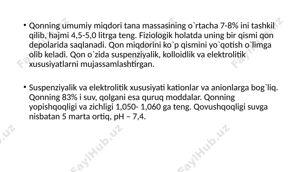 ishtirokchisi bo`lganligi sababli organism sensibilizatsiyasida ular miqdori oshadi. eozinofillar oz bo`lsada oqsil sintezlay oladi. energiya hosil bo`lishi asosan faol glikolizga bog`liq; oksidlanishli fosforlanish nisbatan kam. neytrofillar singari eozinofil hujayralarida peroksidaza va lizosomal fermentlarining katta to`plami mavjud, lekin lizotsim uchramaydi. eozinofillar gistaminni to`plash va faolsizlantirish xususiyatiga ega, ularda trombning ―erishida‖ ishtirok etuvchi profibrinolizin, bradikininni faolsizlantiruvchi – kininaza fermentlari mavjud limfotsitlar gumoral va hujayra ichki immunitetini shakllanishida muhim vazifani bajaradi. limfotsitlarning ixtisoslashgan funktsiyasi immunoglobulinlar konveyer holida ishlab chiqarishni talab etadi. ular faolligi jihatidan nafaqat hamma qon hujayralari, boshqa organ va to`qimalardagidan ham yuqori bo`lgan kuchli oqsil sintezlovchi apparatga ega. limfotsitlarda aerob energiya ishlab chiqarish mexanizm glikolizga nisbatan faolroq. trombotsitlar qon ivishining hamma bosqichlarida ishtirok etadi. ularda rnk va oqsil sintezi uchun zarur barcha komponentlar bor. energiya hosil bo`lishi ko`proq glikoliz jarayoniga bog`liq. trombotsitlarda turli xil modda almashinuvi reaktsiyalarini kuzatsa bo`ladi. tarkibida katta miqdorda serotonin to`planadi. qonning biokimyoviy vazifalari va tavsifi. qon quyidagi …