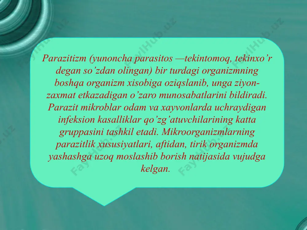ing ahamiyati hayvon organizmida infeksiyaning paydo bo’lishi va rivojlanishi uchta sharoitga bog’liq: 1) hayvon organizmining immunli holatiga; 2) kasallik qo’zg’atuvchi mikroblarning patogenlik darajasiga; 3) tashqi muhit sharoiti (ta’siri)ga. avvalo hayvon organizmi immun holatining infeksiya paydo bo’lishi va rivojlanishidagi roliga to’xtalib o’tamiz. makroorganizmning infeksion kasalliklarga chidamliligi, uning anatomo-fiziologik xususiyatlari, infeksion agentning to’qimalarga kirishi va ko’payishiga to’sqinlik qiladigan organizmning tug’ma himoyaviy vositalariga bog’liq bo’ladi. infeksion jarayonning davriylik bosqichlari. organizmda infeksion jarayon rivojlanishining birinchi bosqichi inkubasion ya’ni yashirin davr deyiladi. u organizmga mikrobning kirgan vaqtidan kasallikning birinchi kilinik belgilari poydo bo’lgan vaqtini o’z ichiga oladi, klinik belgilarsiz o’tadi. uning davomiyligi har xildir bir necha soatlardan,bir yil va undan ko’proqqa cho’ziladi. ikkinchi bosqich- u ayrim infeksiyalarga xos, umumiy belgilarning paydo bo’lishi bilan xarakterlanib prodromal davr deyiladi. masalan isitma, xolsizlanish, ishtaxa va hayvonlar mahsuldorligining kamayishi. bunday belgilar har bir kasalllikda bo’lishi mumkin. daraklovchi davr rivojlanayotgan kasallikka xos bo’lgan uchinchi bosiqichi aniq o’ziga xos kilinik belgilari …
