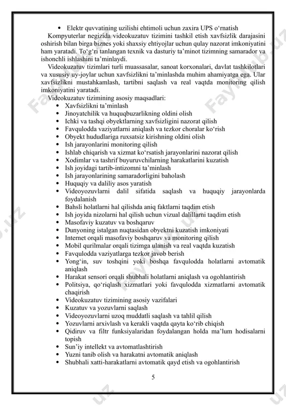 il sifatida foydalanish mumkin masofaviy monitoring va boshqaruv imkoniyatiga ega videokuzatuv tizimi zamonaviy xavfsizlik va monitoring tizimlarining ajralmas qismi bo‘lib, u turli sohalarda xavfsizlikni ta’minlash, huquqni muhofaza qilish va samaradorlikni oshirishda muhim rol o‘ynaydi. raqamli va sun’iy intellekt texnologiyalari bilan integratsiya qilingan zamonaviy videokuzatuv tizimlari esa samaradorlikni oshirib, yanada aqlli va avtomatlashtirilgan nazorat tizimini yaratishga yordam beradi. 1.2 kompyuter texnologiyalari asosida videokuzatuv tizimlarini tashkil etishning afzalliklari zamonaviy kompyuter texnologiyalari asosida videokuzatuv tizimlarini yaratish an’anaviy kuzatuv usullariga nisbatan ko‘plab ustunliklarga ega. ular xavfsizlikni oshirish, jarayonlarni avtomatlashtirish va samaradorlikni ta’minlash imkonini beradi: · yuqori aniqlik va sifatli yozuvlar · raqamli kameralar yuqori aniqlikdagi (hd, full hd, 4k) tasvirlarni taqdim etadi. · kattalashtirish (zoom) funksiyasi tasvir sifatini yo‘qotmasdan ishlaydi. · infraqizil va termal kameralar orqali tun va yomon yoritilgan joylarda ham kuzatish imkoni mavjud. · masofaviy monitoring va boshqaruv imkoniyati · internet orqali istalgan joydan real vaqt rejimida kuzatish mumkin. · mobil qurilmalar …