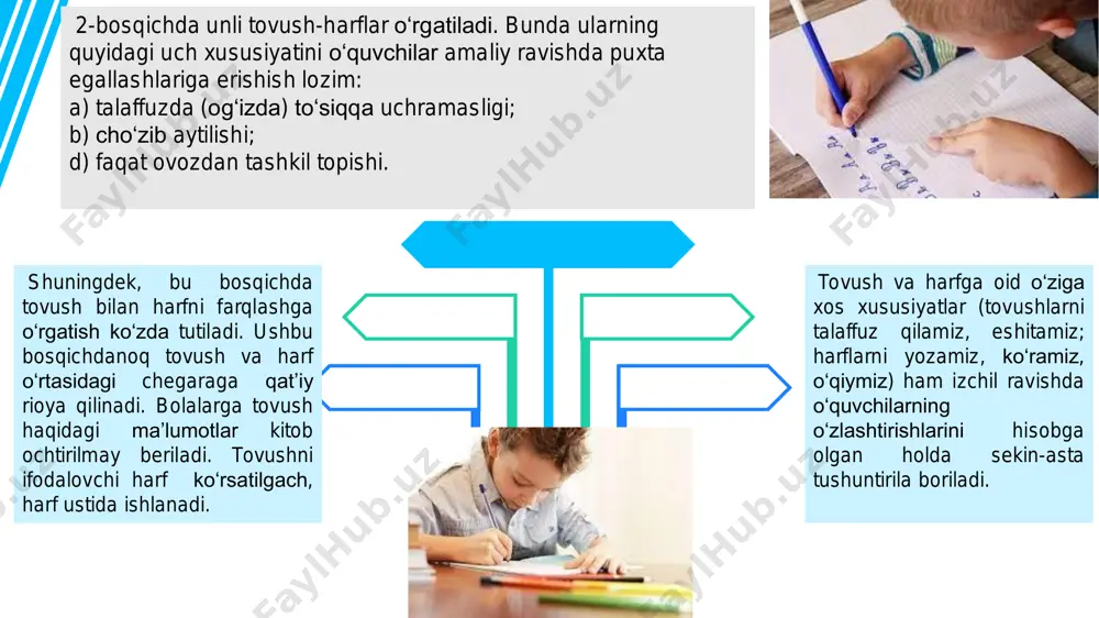 oydalanish mumkin: a w e s o m e savod o‘rgatishning birinchi darslaridayoq o‘quvchilarga tabaqalashtirib (differensial) yondashish (bunda o‘quvchilarning o‘qishga tayyorgarliklaridagi fikrlar hisobga olinadi) amalga oshiriladi. o‘qishning ongliligini va ta’sirchanligini ta’minlash uchun matn mazmunini o‘quvchilarning ko‘rgan-kechirganlari, taassurotlari bilan bog‘lash lozim. shunda o‘quvchida o‘qishga, o‘rganishga qiziqish ortadi. ongli o‘zlashtirishni amalga oshirishda lug‘at ustida ishlash ham muhim ahamiyat kasb etadi. so‘zlarning ma’nosi ustida to‘xtalish, birinchidan, fikrni oydinlashtirsa, ikkinchi tomondan matnni tushunishga ham yordam beradi. she’r, tez aytish, topishmoq, qo‘shiq, maqol, hikmatli so‘zlardan o‘qitish, yod oldirish ham o‘quvchilarning o‘qishga qiziqishini oshiradi, o‘qish malakasini shakllantiradi, xotirasini mustahkamlaydi. boshlang‘ich sinflarda o‘qish darslarining uchdan ikki qismi o‘qishni mashq qilishga ajratilishi lozim. yangi material o‘rganiladigan o‘qish darsida asosiy ish turlari quyidagilardir: 1. o‘rganiladigan yangi tovushli so‘zni (shu tovush so‘z boshida, o‘rtasida, oxirida kelgan so‘zni) bo‘g‘in-tovush tomonidan tahlil qilish bilan ajratish. bunda yangi tovush ajratiladigan so‘zni o‘quvchilar rasm asosida o‘zlari tuzgan gaplar ichidan oladilar. tovushni ajratishda shu so‘zning …