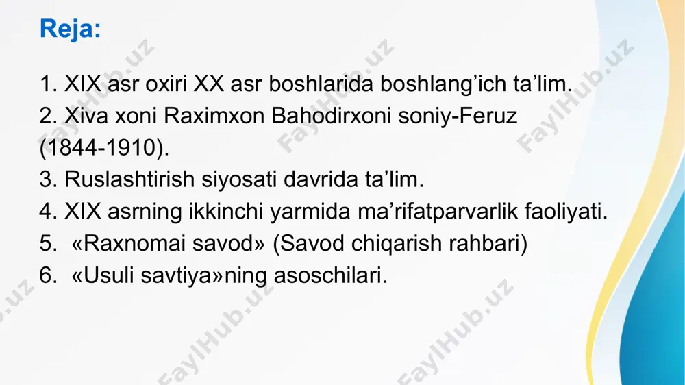ldan tilar edi: qo`l ostindagi o`zga millatlar ezilsunlar, xarob bo`lsunlar, saodat yuzin ko`rmasunlar, tilanchilar kabi yashasinlar». toshkentda dastlabki rus maktabi 1866 yili ochiladi. bunday maktablarda ruslar bilan birga mahalliy bolalar ham qabul qilinardi. o`qish faqat rus tilida olib borilardi. rus o`rta o`quv yurtlari ham ochila boshladi. 1876 yil toshkentda erlar va xotin-qizlar gimnaziyalari, 1870 yil o`quvchilar seminariyasi ochildi. bularda diniy bilimlar o`qitilmasdi, shuning uchun mahalliy bolalar kam edi. 1884 yil 19 dekabrda toshkentning eski shahar qismida birinchi rus tuzem maktabi ochildi. boshqa joylarda ham ochila bordi va 1904 yili ularning soni 57 taga yetdi rus tuzem maktablarida o`quvchilarga rus muallimi rus tili, arifmetika va boshqalarni utar, buning uchun o`qish vaqtining yarmi ajratilar, qolgan yarmida esa musulmon domla diniy darslar utardi. 1903 yil toshkentda qizlar uchun rus tuzem maktabi ochildi. lekin tezda yopildi. xix asrning ikkinchi yarmida ma’rifatparvarlik faoliyati keng yoyilib, qator ziyolilar pedagogik g`oyalar bilan chiqdilar. shulardan biri muhammad amin …