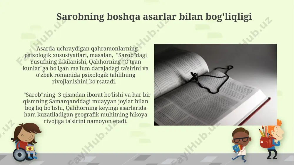 rida tahlil qilingan va turli nuqtai nazardan bahs-munozaralarga turtki bo'lgan. "sarob"ning badiiy tili va obrazli ifodasi, jumladan, qahramonlarning psixologik portretlari 5-6 ta tanqid maqolalarida batafsil tahlil qilinib, badiiy vositalarining samaradorligi yuzasidan samarqand va buxoro adabiyotshunoslarining turlicha fikrlari keltirilgan. asarning zamonaviy ahamiyati asarda tasvirlangan siyosiy repressiyalar va adolatsizlik, 21-asr oʻzbekistonining demokratik taraqqiyoti kontekstida, 300 dan ortiq qurbonlar orqali, huquqiy davlat qurishdagi muhim ahamiyatini yana bir bor taʼkidlaydi. qahhorning psixologik tahlillari orqali ifodalangan insoniy qadriyatlar, 1930-yillardagi samarqand shahri fonida boʻlsa ham, zamonaviy oʻquvchilar uchun oʻz ahamiyatini yoʻqotmaydi, chunki insoniylik va mehr-oqibat har doim muhim boʻlib qoladi. sevgi va muhabbat mavzusi roman qahramonlari orqali 20-asr boshlarida, buxoro va samarqand kabi shaharlarda mavjud bo'lgan an'anaviy va zamonaviy sevgi tushunchalari o'rtasidagi ziddiyatlar ko'rsatilgan. asarda 5 dan ortiq muhabbat hikoyasi mavjud bo'lib, ularning har biri turli ijtimoiy sinf vakillarining muhabbat va hayotga bo'lgan munosabatlarini aks ettiradi. e'tiboringiz uchun rahmat @taqdimot_robot image6.jpg image7.jpg image8.jpg image9.jpg image10.jpg image11.jpg …