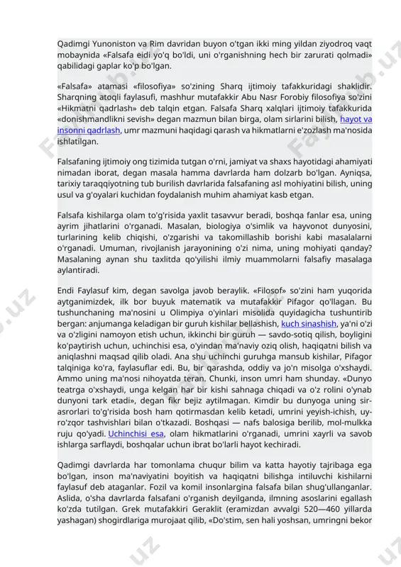 hib, qiziqish uyg‘otdi va: «ishonma, balki o‘zing fikr qil!», deya da’vat etdi. ajdodlardan meros qolgan «donishmandlik» manbai sanaluvchilar, tayyor bilimlar va shak-shubhasiz haqiqatlarni e’tiqod sifatida qabul qilishga chorlovchilardan farqli o‘laroq, faylasuf savollarni ta’riflashni va avvalo sog‘lom fikr va o‘z aql-zakovatining kuchiga tayanib, ularga javob qidirishni o‘rgatatdi. qadimgi yunoniston va rim davridan buyon o'tgan ikki ming yildan ziyodroq vaqt mobaynida «falsafa eidi yo'q bo'ldi, uni o'rganishning hech bir zarurati qolmadi» qabilidagi gaplar ko'p bo'lgan. «falsafa» atamasi «filosofiya» so'zining sharq ijtimoiy tafakkuridagi shaklidir. sharqning atoqli faylasufi, mashhur mutafakkir abu nasr forobiy filosofiya so'zini «hikmatni qadrlash» deb talqin etgan. falsafa sharq xalqlari ijtimoiy tafakkurida «donishmandlikni sevish» degan mazmun bilan birga, olam sirlarini bilish, hayot va insonni qadrlash, umr mazmuni haqidagi qarash va hikmatlarni e'zozlash ma'nosida ishlatilgan. falsafaning ijtimoiy ong tizimida tutgan o'rni, jamiyat va shaxs hayotidagi ahamiyati nimadan iborat, degan masala hamma davrlarda ham dolzarb bo'lgan. ayniqsa, tarixiy taraqqiyotning tub burilish davrlarida falsafaning …