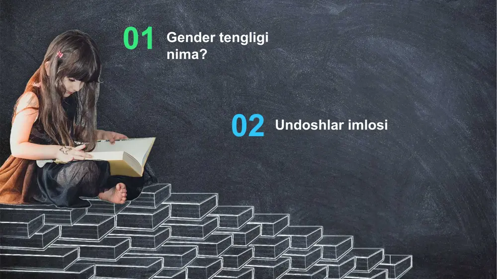 nizatsiya qilishning ustuvor yo‘nalishlaridan biri xotin-qizlarning o‘z imkoniyatlarini to‘laqonli ro‘yobga chiqarishlari uchun barcha shart-sharoitlarni ta’minlash gender tengligi masalalaridir. gender tenglikka erishish xotin-qizlarning jamiyatdagi mavqeyini kuchaytirish, oila institutini mustahkamlash, komil avlodni voyaga yetkazish va jamiyat barqarorligini ta’minlashning garovi hisoblanadi. undoshlar imlosi undosh tovushlar va ularning umumiy tavsifi o‘zbek tilida 24 ta undosh tovush bor va ular quyidagilarga bo‘linadi: jarangsiz undoshlar: p, f, t, s, x, k, q, ch, sh jarangli undoshlar: b, v, d, z, j, g, g‘, m, n, ng, l, r, y undosh tovushlar so‘z tarkibida turli qonuniyatlar asosida o‘zgarishi yoki o‘zaro ta’sirga kirishishi mumkin. 9 undoshlarning imlosi o‘zbek tilida undoshlarning yozilishi bilan bog‘liq qoidalar mavjud. quyida muhim imlo qoidalarini ko‘rib chiqamiz. undoshlarning to‘g‘ri yozilishi o‘zbek tilidagi so‘zlar tarkibida undosh tovushlar har doim muayyan tartibda yoziladi va talaffuz qilinadi. misollar: bog‘ – bog‘i, bog‘lar kitob – kitobxon, kitoblar shahar – shaharlar, shaharimiz ba’zan undoshlar so‘z tarkibida tushib qolishi yoki …