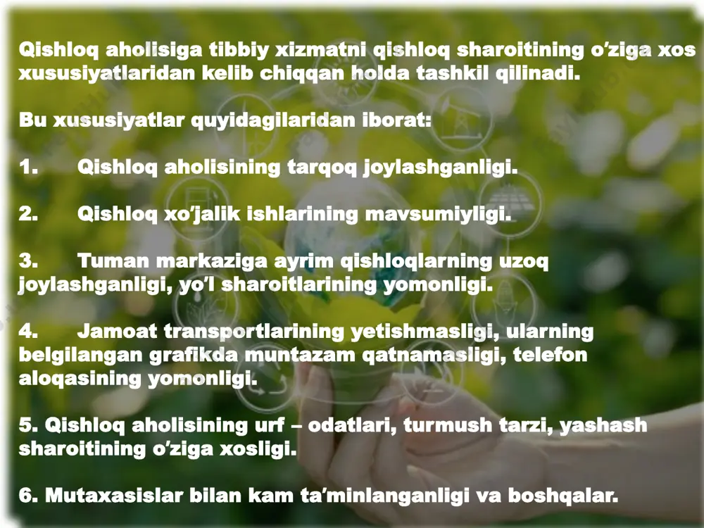 holatini tibbiy muassasalarning joylashishi, ishning mavsumiyligi va tibbiy xizmatning bosqichma - bosqich ko'rsatilishi kabi o'ziga xos xususiyatlardan kelib chiqqan holda qishloq aholisi dispanser nazoratiga olinadi hozirgi davrda dispanser nazoratiga aholi ikkita ko'rsatmaga muvofiq olinadilar: 1. ijtimoiy ishlab chiqarish ko'rsatmasi 2.tibbiy ko'rsatma ijtimoiy-ishlab chiqarish ko'rsatmasi bo'yicha: 1.mexanizatorlar 2.ferma ishchilari 3.suvchilar 4.chaqaloqlar 5.maktabgacha tarbiya va umumiy ovqatlanish muassasalari xodimlari 6.zaharli xizmatlar bilan ishlovchilar 7.homilador va emizikli ayollar 8.uvu qatnashchilari va nogironlar 9.ho'jalik rahbarlari qishloq oilaviy poliklinikasi(qop) mustaqil yuridik muassasa bo'lmagan, tuman tibbiyot birlashmasining tarkibiy bo'linmasi hisoblanadi va unga 10mingdan kam bo'lmagan aholi biriktiriladi qop tarkibida kunduzgi statsionar va tez tibbiy yordam shaxobchasi tashkil qilinadi. 8:00dan 20:00gacha faoliyat ko'rsatadi qop aholi soniga qarab stavka ajratiladi: 1500 1st oilaviy shifokor 10000 aholiga 1st xirurg 10000 aholiga 1st akusher ginekolog 10000 aholiga 1st terapevt 10000 aholiga 1st pediatr 10000 aholiga 0.5 st stomatolog birktirilgan aholiga sifatli va malakali tibbiy yordam ko'rsatish maqsadida qop qabul turlari: …