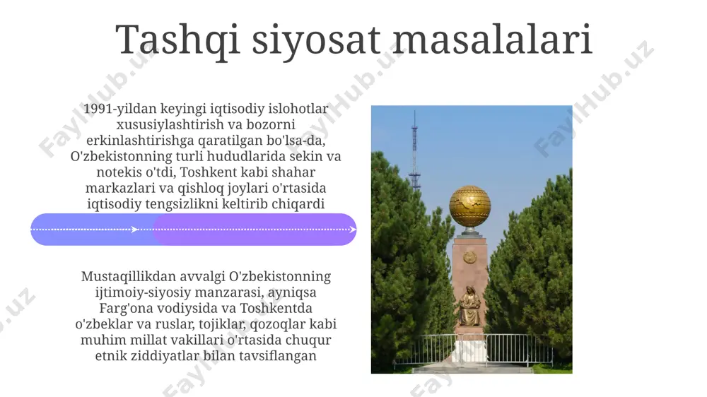 o munosabatlar toshkent, samarqand va farg'ona vodiysidagi o'zbeklar (70%), ruslar (5%), qozoqlar (3%) va tojiklar (5%) kabi katta ozchiliklar o'rtasidagi keskinlik bilan tavsiflangan bo'lib, 1991-yilgi mustaqillikdan oldin ijtimoiy-siyosiy barqarorlikka ta'sir ko'rsatgan. 1991-yilda sovet ittifoqining qulashi o'zbekistonda kuchli ijtimoiy-siyosiy inqirozga sabab bo'ldi, turli etnik guruhlar o'rtasida hokimiyat va resurslar uchun raqobatlashgan millatchi kayfiyatlar kuchayib, farg'ona vodiysidagi o'zbek, qirg'iz va tojiklarning ko'p millatli aholisini ta'sirlab, mojarolar va migratsiyaga olib keldi e'tiboringiz uchun rahmat @taqdimot_robot image4.jpg image5.jpg image6.jpg image7.jpg image8.jpg image9.jpg image10.jpg image11.jpg image12.jpg image13.jpg image14.jpg image1.jpeg image2.jpeg image3.jpeg