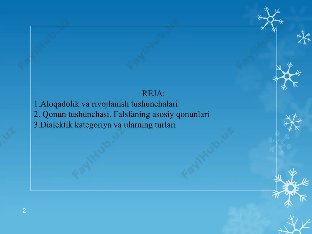 riyatlar- ning manbalarini oʼzida mu- jassamlashtiradi. oʼzaro aloqani tushunish – umuman obʼektni tushunish demakdir. real voqelikda har bir muayyan obʼekt koʼp sonli sababiy zanjirlarning murak- kab «tuguni» hisoblanadi. u boshqa ob- ʼektlardan taʼsirlanish bilan bir vaqtda oʼzi ham ularga aks (reaktiv) taʼsir koʼrsatadi. «tashqi» va «ichki» sababiy zanjirlar unda uygʼunlashadi, kesishadi va tarmoqlanadi. ular bir -biri bilan oʼzaro aloqaga kirishadi va bu oʼzaro aloqa obʼektda yuz beruvchi barcha jarayonlarning negiziga ayla- nadi. obʼektni bilish uchun pirovard natijada unda vujudga kelgan sababiy bogʼlanishlar «tuguni»ni yechish talab etiladi. 6 аloqa uchun asos аloqa, aloqa uchun asos va aloqa shart-sharoitlari tushunchalari- ni farqlash lozim. аloqa yuzaga kelishiga imkoniyat yaratuvchi ayrim xossa, belgi yoki munosabat aloqa uchun asos boʼladi. аsos- ning mavjudligi aloqa oʼrnatish uchun zarur, lekin yetarli emas, chunki uning oʼrnatilishi doim emas, balki muayyan sharoitdagina yuz beradi. shart-sharoitlar – bu avvalo predmet mavjud boʼlgan muhitdir. u aloqa oʼrnatish uchun qulay yoki noqulay …