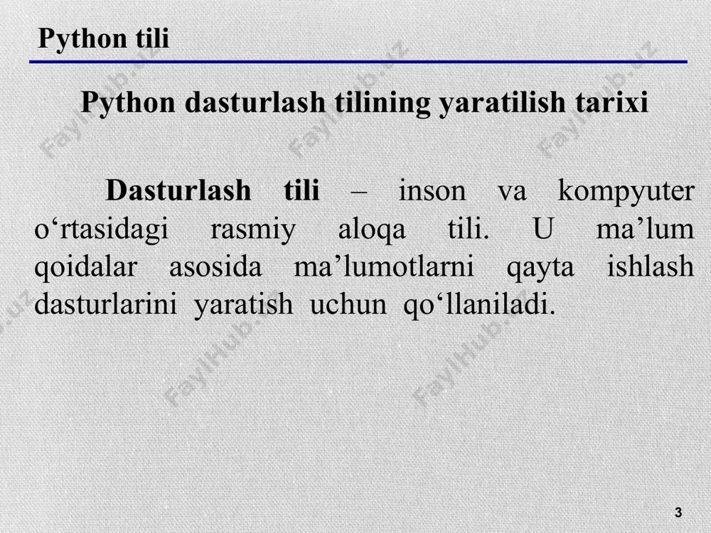 s xususiyatlari quyidagilarni o‘z ichiga qamrab oladi: o‘rganish oson: python nisbatan kam sonli kalit so‘zlar, oddiy tuzilish va aniq belgilangan sintaksisga ega; tushunish va o‘qish oson: python kodi juda aniq va yodda qoladigan tarzda yoziladi; unda ishlash juda ham qulay: python ning muvaffaqiyati – manba kodining tuzilishi juda sodda va tushunarli; python kattagina standart kutubxonaga ega: python ning eng qudratli jihatlaridan biri kutubxonaning asosiy qismi juda portative va unix, windows va macintosh-da o‘zaro faoliyat platformalar bilan mos keladi; interaktiv usulda ishlash imkoniayti mavjud: python da terminalda ishlash uchun juda qulay, natijalarni terminalda test qilib ko‘rsa ham bo‘ladi; bu til moslashuvchan hisoblanadi: python keng apparat platformalarida ishlaydi va barcha platformalarda bir xil interfeysga ega; python dasturlash tili imkoniyatlari kengaytirilish imkoniyatalariga ega: python tarjimoniga past darajadagi modullarni qo‘shishingiz mumkin; ma’lumotlar bazalari bilan ishlash qulayligi: python barcha ma’lumotlar bazasini qo‘llab quvvatlaydi; gui dasturlashni amalga oshirish imkoniyati: python windows mfc, unix, x window kabi …