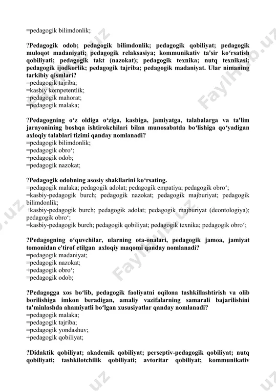 adigan, amaliy vazifalarning samarali bajarilishini ta'minlashda ahamiyatli boʻlgan xususiyatlar qanday nomlanadi? =pedagogik malaka; =pedagogik tajriba; =pedagogik yondashuv; +pedagogik qobiliyat; ?didaktik qobiliyat; akademik qobiliyat; perseptiv-pedagogik qobiliyat; nutq qobiliyati; tashkilotchilik qobiliyati; avtoritar qobiliyat; kommunikativ qobiliyat; pedagogik xayolot; diqqatni taqsimlay olish qobiliyati. pedagogik qobiliyatning ushbu turlari kim tomonidan guruhlangan? +v.a.kruteskiy; =a.k.markova; =r.dekart; =j.piaje; ?pedagogik muloqot uslublarini koʻrsating. +avtoritar, demokratik va liberal; =avtoritar, muqobil va demokratik; =muqobil, demokratik va insonparvar; =demokratik, insonparvar va huquqiy; ?talabalarning hissiy faoliyati, ruhiy-jismoniy quvvati va ishchanlik qobiliyatini qayta tiklash qanday nomlanadi? =pedagogik refleksiya; +pedagogik relaksasiya; =pedagogik deontologiya; =pedagogik texnika; ?talabaga hurmat bilan munosabatda boʻlish; talabchanlik; suhbatdoshni qiziqish (diqqat) bilan tinglay olish va qaygʻurish malakasi; ruhiy barqarorlik, dadillik, ogʻir vazminlik; munosabatlar jarayonida ishonch bilan soʻzlay olish; qat'iyatlilik (qaysarlik emas); talabalarga e'tiborli, hushyor boʻlish. ushbu asosiy koʻrinishlar nimaga xos? =pedagogik odobga; =pedagogik obroʻga; +pedagogik nazokatga; =pedagogik mahoratga; ?oʻzini oʻzi hissiy boshqarish; pantomimika; mimika; jest (qoʻl, oyoq harakat)dan oʻrinli foydalanish; nutq texnikasi; …