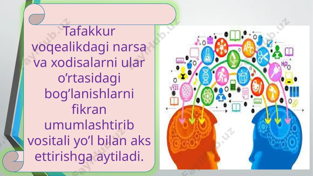 amaliy tafakkur tajriba, amaliy harakatlar asosida amalga oshiriladi va aniq vazifalarni bajarishga qaratilgan, nazariy – tajriba bilan ish ko‘rmasdan tushunchalardan foydalanadi. diskursiv tafakkur – kengaytirilgan tafakkur, ichki sezgi kechishining tezligi, aniq ifodalangan bosqichlarning mavjud emasligi, oz darajada anglanganligi bilan xaraterlanadi. reproduktiv, ishlab chiqaruvchi tafakkur – bu namuna bo‘yicha tafakkur, ijodkorlik esa – yangi kashfiyotlar, yangi natijalarga olib boruvchi tafakkur. realistik tafakkur voqelikni to‘g‘ri aks ettiradi, odam o‘z hulq-atvorini anglaydi, autistik tafakkur esa, asosan, ob’ektga emas, affektga mos bo‘lganlarni ifodalaydi, ehtiyojni qondirishga, kelib chiqqan hissiy zo‘riqishni kamaytirishga yo‘naltirilgan bo‘ladi. tafakkurning aqliy jarayonning natijasi hisoblangan uch xil shakli: tushuncha, mulohaza va xulosa farq qilinadi. tushuncha – bu jism va hodisalarning umumiy, ahamiyatga ega bo‘lgan va farqlanuvchi belgilarini aks ettiruvchi tafakkur shakli. tushunchalar asosida hodisalar va jismlar haqidagi mavjud bilimlarimiz yotadi. u aniq va mavhum bo‘lishi mumkin. jismning barcha belgilaridan aynan ushbu jism yoki o‘xshash jismlar guruhini xarakterlab beruvchi ma’lum belgilar yig‘indisi ajratilgan …