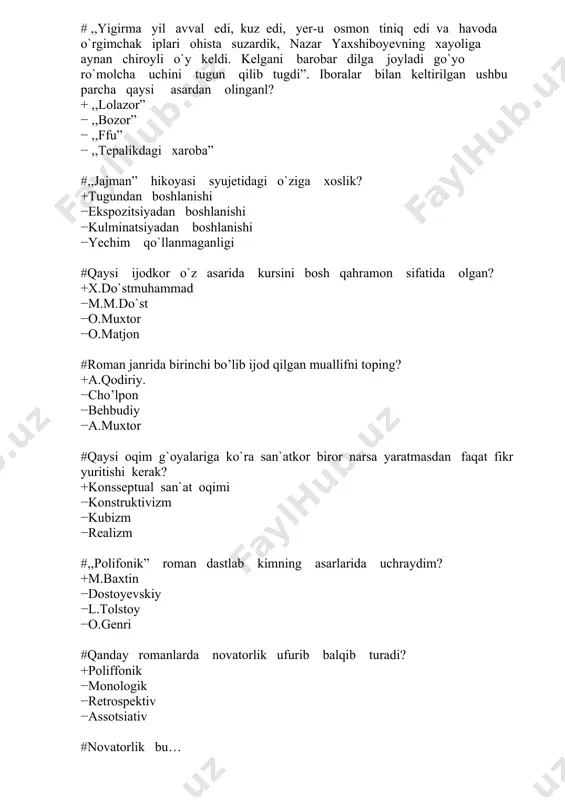 sial qiyofasini o’rganishi zarur’’. ushbu fikr muallifi … +tolstoy −gorkiy −belinskiy −timofeyev #’’obraz’’ atamasi birinchi marta kimning asarlarida uchraydi? +geegel −arastu −belinskiy −tolstoy #xarakter, tip tushunchalarini izohlang. +xarakter – asar syujetida ’’katta yuk’’ tashuvchi shaxs tip davrning katta umumlashma bo’la oladigan xarakter −xarakter – asar syujetida yuk tashuvchi shaxslar , tip-xarakterning eng xususiyatlisi −xarakter – asosiy obraz, tip – epizodik obraz −ular o’zaro sinonim #ijodini romantizm bilan boshlab buyuk realistga aylangan yozuvchilarp? +pushkin, gorkiy −kafka, j.joys −borxes, kavabata −tolstoy, turgenev #realizm ko`pincha qaysi metod bilan yonma –yon ba`zan qorishiq keladi? +romantizm −kubizm −naturalizm −ong oqimi #,,realizm-tafsilotlarning to`g`ri bo`lishidan tashqari tipik xarakterlarni tipik sharoitda haqqoniy tasvirlashni ko`zda tutadi”. ushbu ta`rif muallifi? +f.engels. −bartold −m.gorkiy −t.vulf #quyidagi adiblardan realizmda ijod qilganlarini aniqlang. +ch. aytmatov, a.qahhor, oybek, l. tolstoy, o. balzak, u.shekspir −oybek, l. tolstoy −ch. aytmatov, −o. balzak, u.shekspir #lotincha moddiy, hayotiy ma`nolarini anglatuvchi metodr? +realizm −kubizm −modernism −naturalism #taraqqiyoti davomida, xususan, …