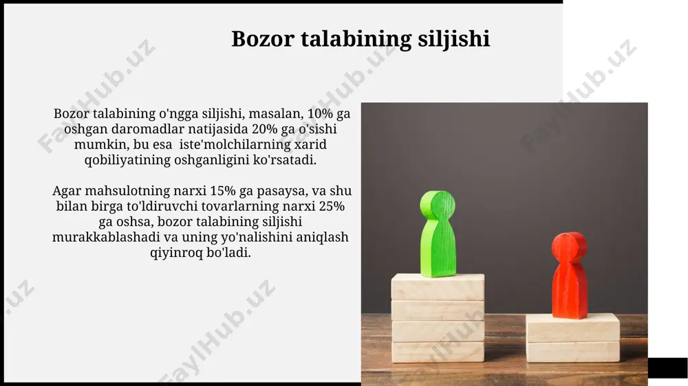 b olish. woodgrove bank bozor talabi nima? bozor talabi – bu ma'lum bir tovar yoki xizmatga bo'lgan barcha iste'molchilarning umumiy talabini aks ettiruvchi ko'rsatkich bo'lib, u turli narxlarda 1000 dan ortiq iste'molchilarning individual talablarini jamlaydi. bozor talabini aniqlashda iqtisodiy omillar, masalan, daromadlar darajasi, raqobat, 5 ta asosiy iste'molchilar guruhlari va boshqa omillarni hisobga olish muhimdir. woodgrove bank talabning narxga bog'liqligi talabning narxga elastikligi 0,5 dan kam bo'lsa, mahsulotga talab narxga nisbatan notelastik hisoblanadi, ya'ni narx 10% ga oshsa, talab atigi 5% ga kamayadi. zaruriy tovarlarga (masalan, non) talab narxga nisbatan nisbatan notelastikdir. narxning 20% ga oshishi talabni atigi 5-10% ga kamaytiradi. woodgrove bank bozor talabining elastikligi bozor talabining narx elastikligi koeffitsienti -1 dan katta bo'lsa, bozor talabi yuqori elastikli hisoblanadi, ya'ni narxning 1% o'zgarishi talabning 1% dan ortiq o'zgarishiga olib keladi. agar bozor talabining narx elastikligi koeffitsienti 0 dan 1 gacha bo'lsa, bozor talabi past elastikli hisoblanadi, masalan, 0.5 koeffitsientida …