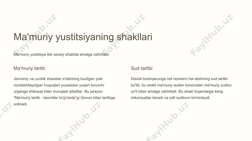 gan holda shikoyatlarni (ariza) ko'rib chiqish asosida protsessual qoidalarga tayanib hal etiladi. bu jarayon quyidagi bosqichlarni o'z ichiga oladi: 1 shikoyat qabul qilish fuqaro yoki yuridik shaxsdan shikoyat qabul qilinadi va ro'yxatga olinadi 2 dastlabki o'rganish shikoyat mazmuni va unga ilova qilingan hujjatlar o'rganiladi 3 ish ko'rish taraflar ishtirokida ish ko'rib chiqiladi, dalillar o'rganiladi 4 qaror qabul qilish sud tomonidan asosli qaror qabul qilinadi va e'lon qilinadi ma'muriy sudning qaror q ab u l q ilish vako la t i ishni ko'rib chiqqan vakolatli organ (ma'muriy sud) nizoning predmeti bo'lgan davlat boshqaruv akti yoki mansabdor shaxsning xatti - harakatini noqonuniy (qonuniy), asossiz (asosli) deb topish to'g'risida qaror qabul qiladi. bu qarorlar quyidagi shakllarda bo'lishi mumkin: 1 bekor qilish noqonuniy aktni bekor qilish to'g'risida qaror 2 o'zgartirish aktga o'zgartirish kiritish to'g'risida qaror 3 tan olish aktni qonuniy deb tan olish to'g'risida qaror 4 majburlash ma'lum bir harakatni amalga oshirishga majburlash to'g'risida …