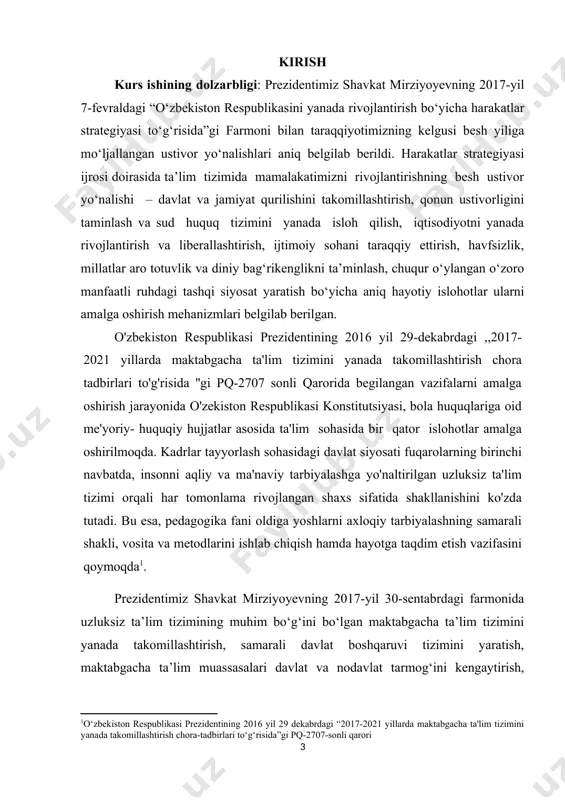 im ahamiyat kasb etadi. uning maqsadi, maktabgacha ta‘lim yoshidagi bolalarni maktabga tayyorlash, jonli va jonsiz tabiat bilan tanishtirish jarayonida tabiatga ehtiyotkorona munosabatda bo‘lish, vatanga mehrli bo‘lish, ekologik ta‘lim-tarbiyani amalga oshirish, tabiat haqida mukammal bilimga ega bo‘lgan yoshlarni tarbiyalashdir. shunday ekan, yoshlarda bolalarni maktab bilan tanishtirishning shakllantirishning samarali shakl va metodlarini ishlab chiqish, shu kunning talabi bo‘lib qolmoqda. atrof muhitga ongli munosabat natijasida ekologik madaniyat shakllanadi. bu esa o‘z navbatida, tabiatga yetkaziladigan zararning oldini olish va bartaraf etishda munosib ishtirok etish, tabiat boyliklaridan oqilona foydalanish, ekologik savodxonlikni tarkib toptirishdan iborat. kurs ishining maqsadi: maktabgacha ta’lim tashkilotining oila bilan ishlash shakllarini ishlab chiqish. kurs ishining vazifalari: · maktabgacha ta‘lim tashkilotlarida tayyorlov gurihi bolalarini maktab bilan tanishtirish pedagogik muammo ekanligin iilmiy-nazariy jihatdan asoslash; · maktabgach ata‘lim tashkilotlarida katta va tayyorlov guruh bolalarida hamkorlik faoliyatini o‘rganish; · maktabgacha ta‘lim tashkilotlarida vatan haqidagi bilimlarni e’tiborga olgan holda, ularga beriladigan bilimlar mazmunini boyitish va kengaytirish; · …