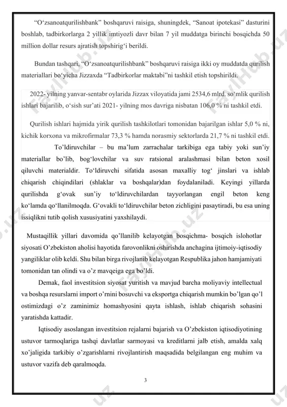 iston aholisi hayotida farovonlikni oshirishda anchagina ijtimoiy-iqtisodiy yangiliklar olib keldi. shu bilan birga rivojlanib kelayotgan respublika jahon hamjamiyati tomonidan tan olindi va o’z mavqeiga ega bo’ldi. demak, faol investitsion siyosat yuritish va mavjud barcha moliyaviy intellectual va boshqa resurslarni import o’rnini bosuvchi va eksportga chiqarish mumkin bo’lgan qo’l ostimizdagi o’z zaminimiz homashyosini qayta ishlash, ishlab chiqarish sohasini yaratishda kattadir. iqtisodiy asoslangan investitsion rejalarni bajarish va o’zbekiston iqtisodiyotining ustuvor tarmoqlariga tashqi davlatlar sarmoyasi va kreditlarni jalb etish, amalda xalq xo’jaligida tarkibiy o’zgarishlarni rivojlantirish maqsadida belgilangan eng muhim va ustuvor vazifa deb qaralmoqda. respublikamizda bu vazifani samarali bajarish uchun investitsion faoliyat yuritilishiga qulay muhit va zarur bo’lgan shart-sharoitlar, huquqiy me’yorlar yaratildi, anchagina yetakchi donor-davlatlar va xalqaro moliyaviy va sanoat tashkilot va o’z investitsiyalari, kreditlarini ajratishga tayyor ekanligini bildirishdi. yuzaga kelgan barcha imtiyozlardan unumli va oqilona foydalanish uchun samarali ishlab chiqarish turlarini loyihalashtirish va ularni tadbiq etish talab qilinadi. respublika xalq xo’jaligining asosiy …