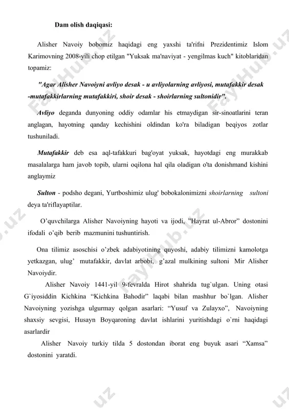 to`rt devondan iborat mashhur lirik qulliyoti “xazoyinul-maoniy” (ma`nolar xazinasi) ni yaratdi. navoiy yilning 4 fasliga qiyos qilib o`z umrini 4 bosqichga bo`ladi. 1470-1476-yillar orasida navoiy o`zining birinchi devoni “badoyi-ul bidoya” ni tuzadi. 1476-1483-yillar orasida navoiy ikkinchi devoni “navodur-un nihoya”ni tuzadi. alisher navoiy 1490-yilda hasan ardasherga bag`ishlab “xolati said hasan ardasher” asarini yaratdi. aruz vazni haqida “mezonul-avzon” (vaznlar o`lchovi) asarini yaratdi. alisher navoiy 1501-yilning 3-yanvarida vafot etgan. sahna ko’rinishi orqali rivoyatni yanada o’quvchilar ongiga yetkazish. o’quvchilarga chin o’rtoq qanday bo’lishi kerakligi haqida suhbat o’tkazish orqali do’stlik haqida maqollar so’rash. alisher navoiy, avvalo, buyuk odob sohibi edi. navoiyning odobi deganda uch narsani tushunish kerak. birinchisi - shoirning shaxsiy odobi, uning fe'l-atvoridagi muloyimlik, yuksak ma'naviy faziiatiar. buni uning asarlaridan, zamondoshlari u haqda yozib qoldirgan xotiralardan bilib olamiz. ikkinchisi- asarlarida uchraydigan odob haqidagi tasvir va bayonlar. bu sehrli qalam egasining butun ijodi buyuk bir odobnoma edi, desak, mubolag'a bo'lmaydi. ulug' mutafakkir asarlarini o'qigan kishi: …
