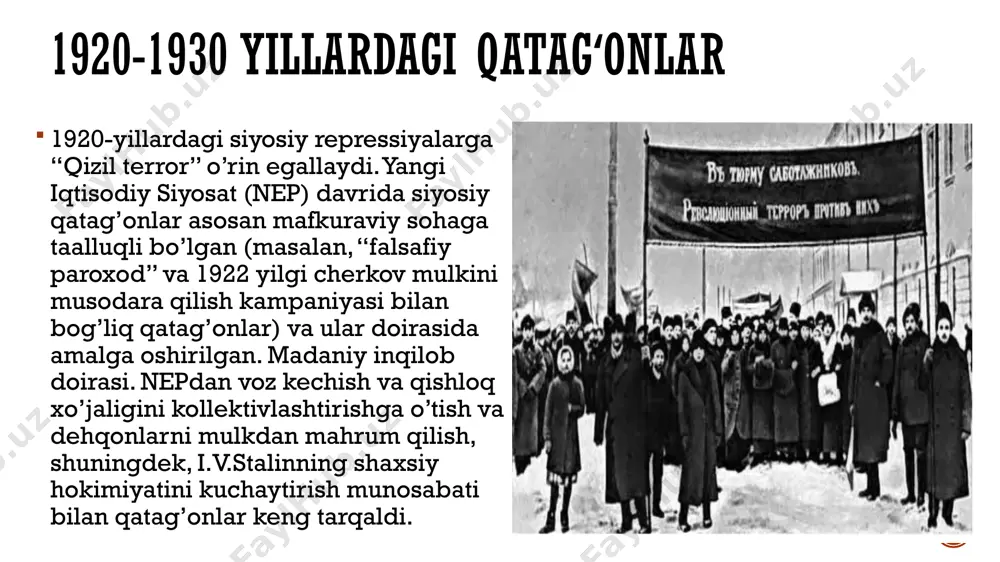 qilingan xalqlar uchun maxsus joylashtirish rejimini bekor qilish to’g’risida farmonlar qabul qildi. 1956 yil 24 noyabrda kpss markaziy komiteti “qalmoq, qorachay, bolqar, chechen va ingush xalqlarining milliy muxtoriyatini tiklash to’g’risida” qaror qabul qildi. 1957 yil 9 yanvarda prezidium tomonidan tegishli farmonlar qabul qilindi sssr oliy kengashi prezidiumining 1989 yil 16 yanvardagi “30-40-yillar va 50-yillarning boshlarida boʻlgan qatagʻon qurbonlariga nisbatan adolatni tiklash boʻyicha qoʻshimcha chora-tadbirlar to’g’risida”gi qarori “uchlik” tomonidan konstitutsiyaga zid deb topildi. nkvd – unkvd va sssrning boshqa suddan tashqari repressiv organlari, ular qaror chiqarilgunga qadar bekor qilinmagan suddan tashqari qarorlar bekor qilindi. ushbu organlarning qarorlari bilan qatag’on qilingan barcha fuqarolar, shu jumladan maxsus turar-joylardan qochish uchun keyinchalik sudlangan shaxslar reabilitatsiya qilingan deb topildi. bu qoida ulug ‘vatan urushi davrida vatan xoinlari va jazolovchi kuchlarga, fashistlarga taalluqli emas edi. sssr ichki ishlar xalq komissarligi. ichki ishlar xalq komissarligi qisqartmasi nkvd sovet ittifoqining ichki ishlar vazirligi edi. 1917-yilda rossiya sovet federativ …