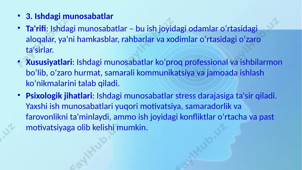tdan qo‘llab-quvvatlab, qiyinchiliklarni yengishda yordam beradilar. psixologik jihatlari: psixologik qo‘llab-quvvatlash o‘zaro aloqalarda salbiy his-tuyg‘ularni kamaytiradi va odamlarni bir-biriga yaqinlashtiradi. u odamlarning o‘z-o‘zini qadrlashini oshiradi va hayotdagi stressni kamaytiradi. 7. ijtimoiy normlar va qadriyatlar ta'rifi: ijtimoiy normlar va qadriyatlar – bu jamiyatdagi odat, qoidalar va to‘g‘ri-xato tushunchalarining jamlanmasidir. xususiyatlari: ijtimoiy normlar va qadriyatlar shaxslararo munosabatlar shakllanishiga katta ta'sir ko‘rsatadi. har bir jamiyatda o‘ziga xos ijtimoiy norm va qadriyatlar mavjud bo‘lib, ular odamlarning qanday munosabatda bo‘lishini belgilaydi. psixologik jihatlari: ijtimoiy normlarga moslashish, jamiyatda qabul qilingan qoidalarga rioya qilish munosabatlarning barqarorligini ta'minlaydi. shaxslar o‘zaro ijtimoiy normlarga amal qilishda bir-biriga moslashadilar. shaxslararo munosabatlar va ijtimoiy ta’sir shaxslararo munosabatlar va ijtimoiy ta'sir – bu psixologiya fani nuqtai nazaridan juda muhim mavzu. shaxslararo munosabatlar, odamlarning o‘zaro aloqalari va ta'sirlari ijtimoiy va psixologik jarayonlarga kuchli ta'sir ko‘rsatadi. ijtimoiy ta'sir esa, odamlar va guruhlar o‘rtasidagi munosabatlar orqali yuzaga keladigan va turli omillar bilan bog‘liq bo‘lgan bir qator psixologik …